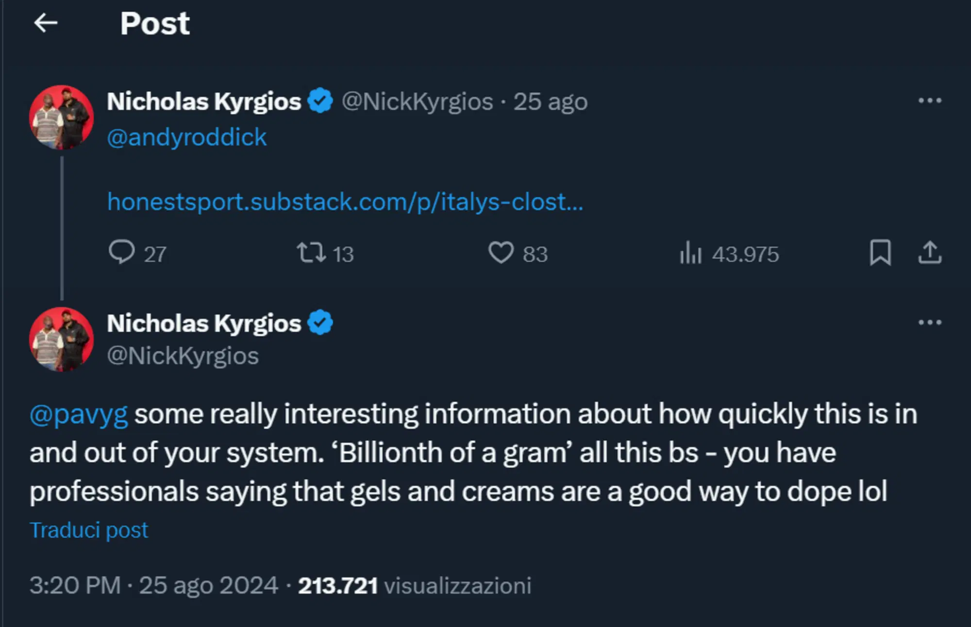 Un altro tweet di Kyrgios