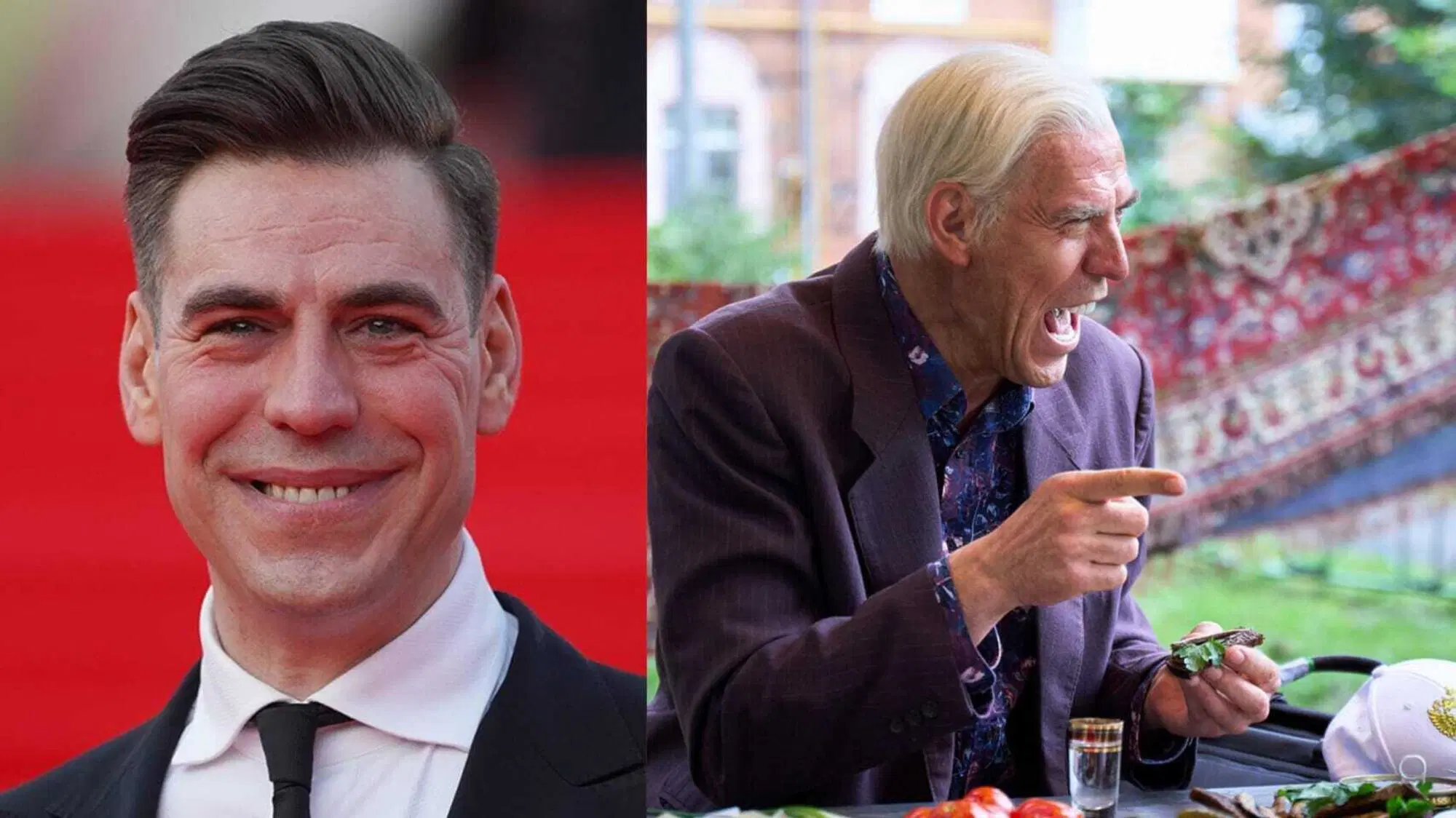 L'attore russo Dmitri Dyuzhev (a sinistra) e di nuovo lui ma "truccato" e mascherato da Joe Biden