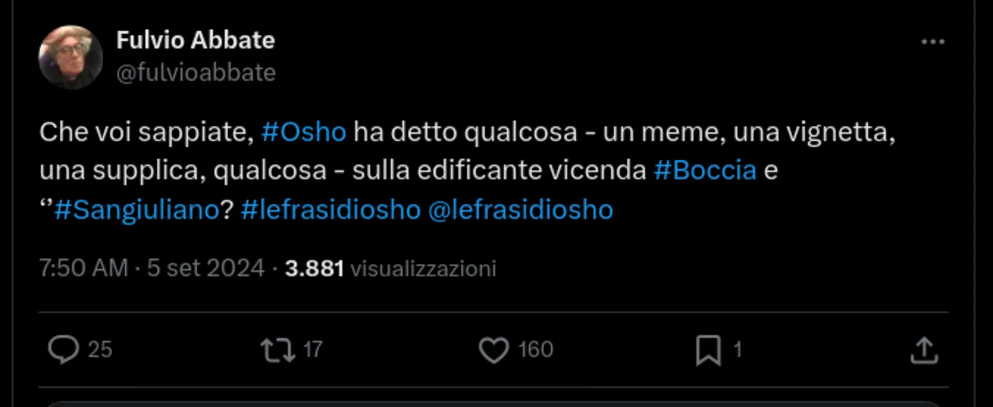 Il tweet di Fulvio Abbate su Le frasi di Osho (Federico Palmaroli)