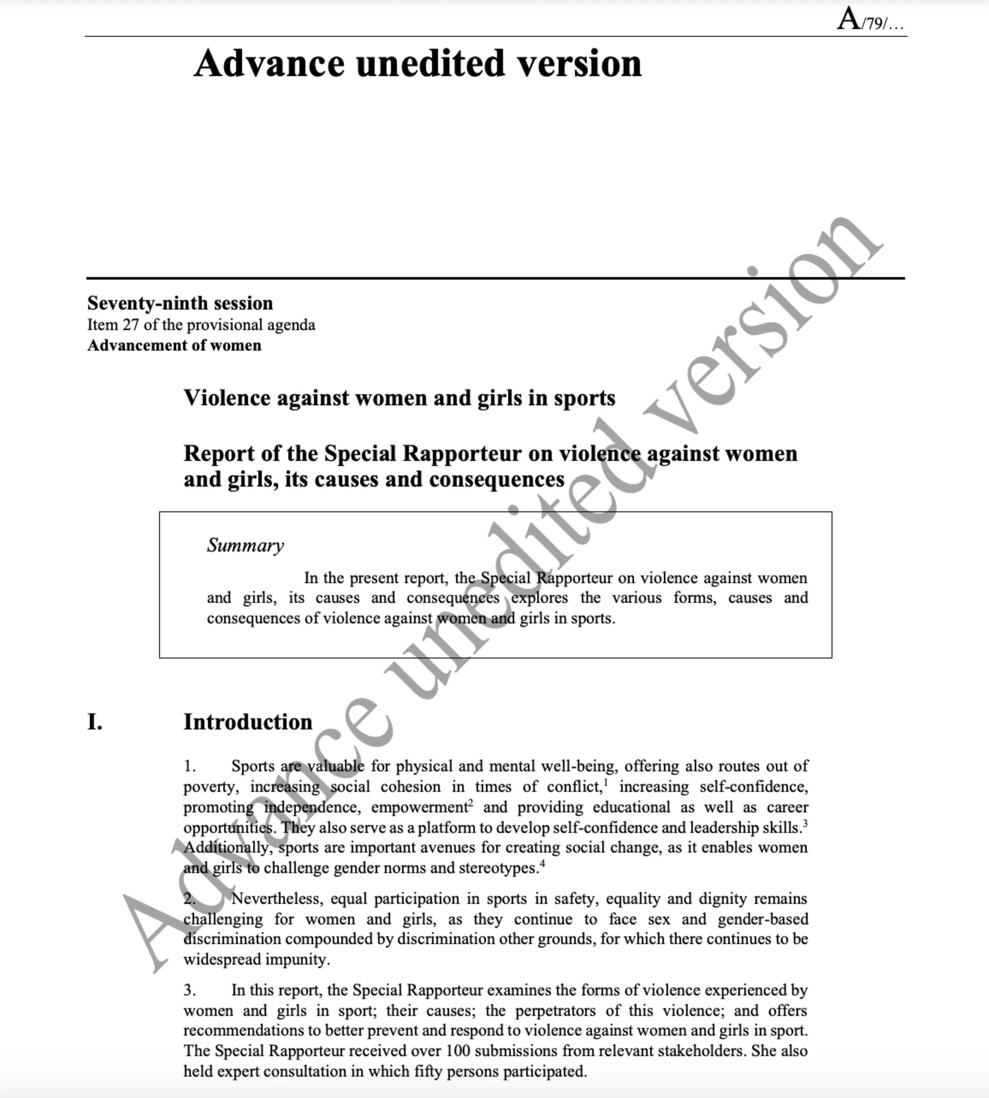 Il report sulla violenza contro le donne negli sport che verr&agrave; presentato l'8 ottobre a New York all'Unga78