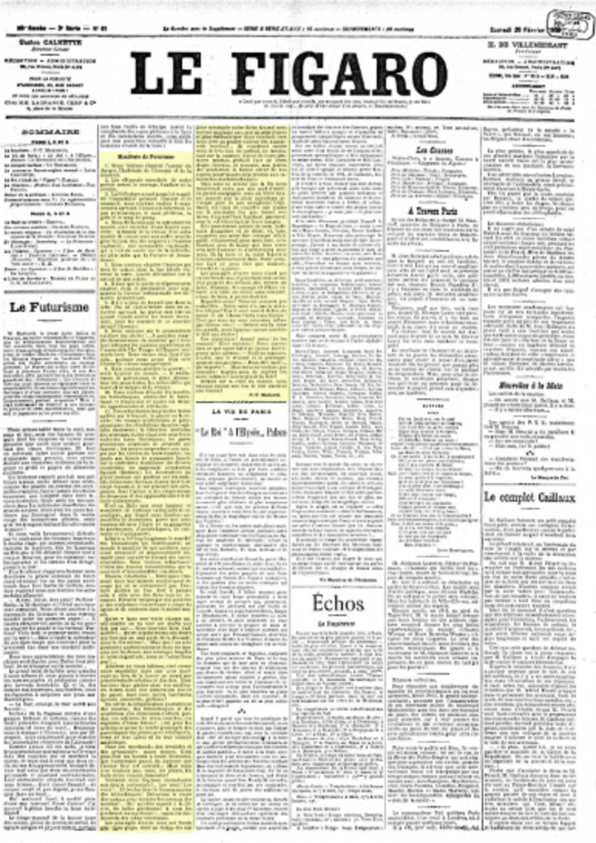 Il manifesto del Futurismo pubblicato su Le Figaro del 20 febbraio 1909