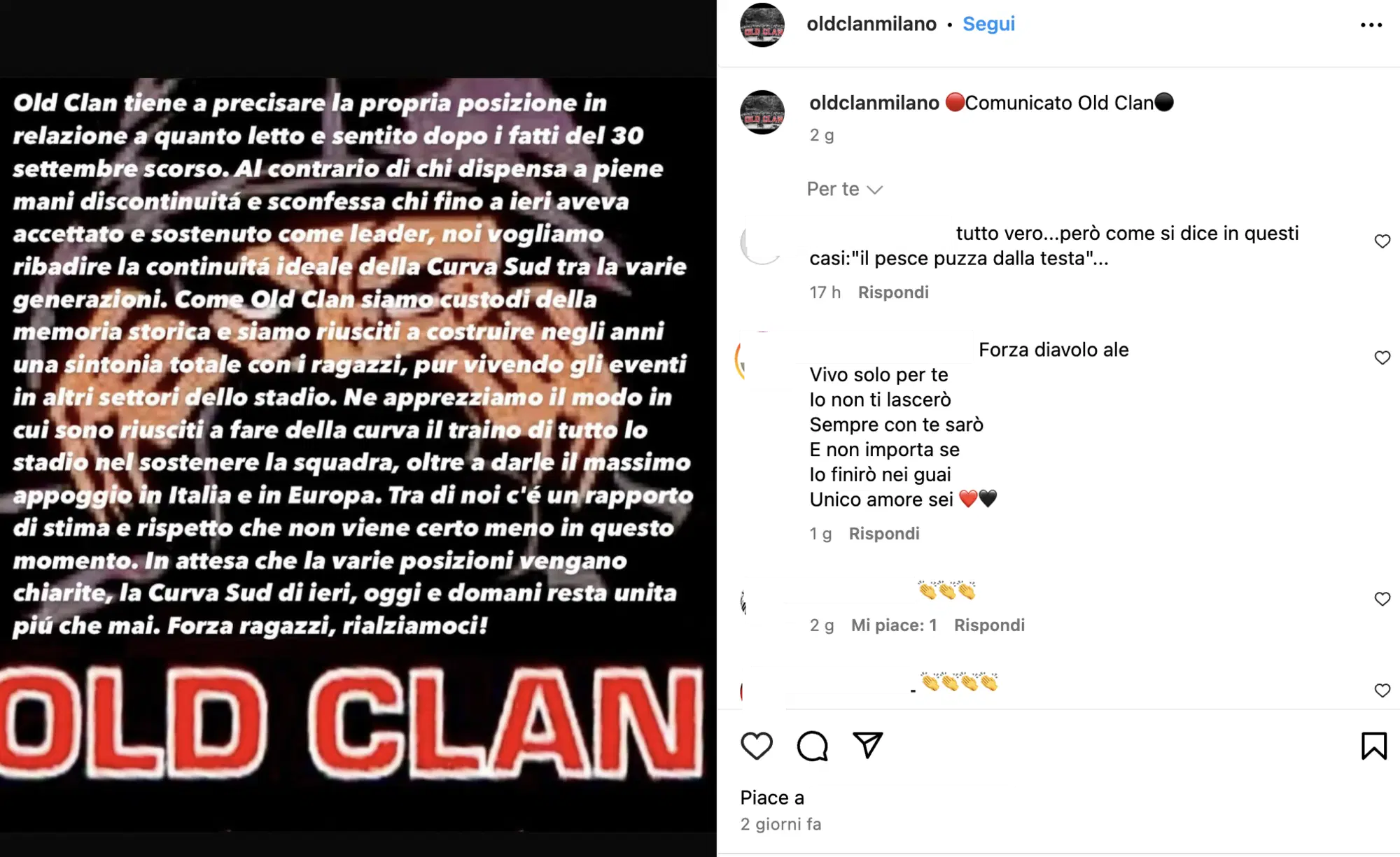 Il comunicato dell'Old Clan della curva Sud del Milan 