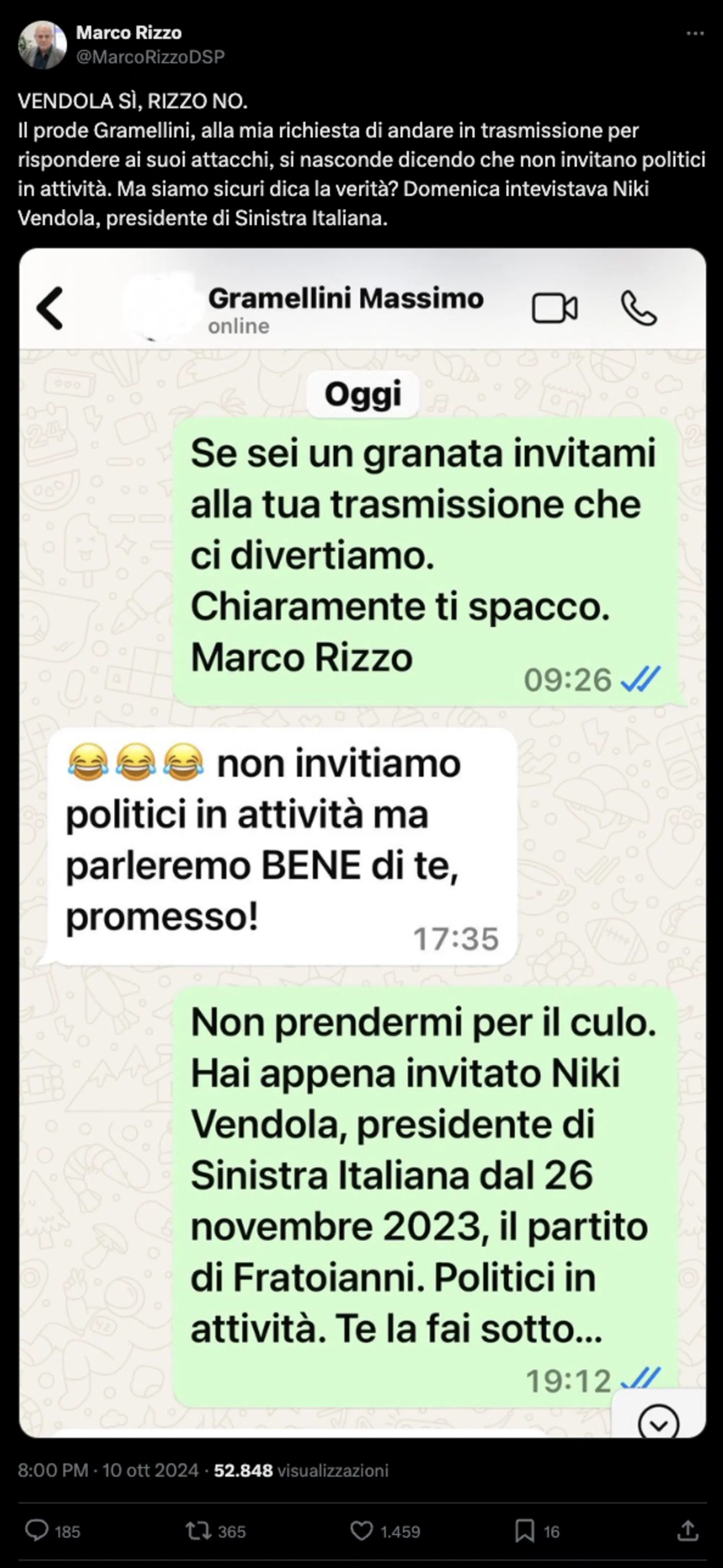 L'autoinvito di Rizzo e la risposta di Gramellini su WhatsApp