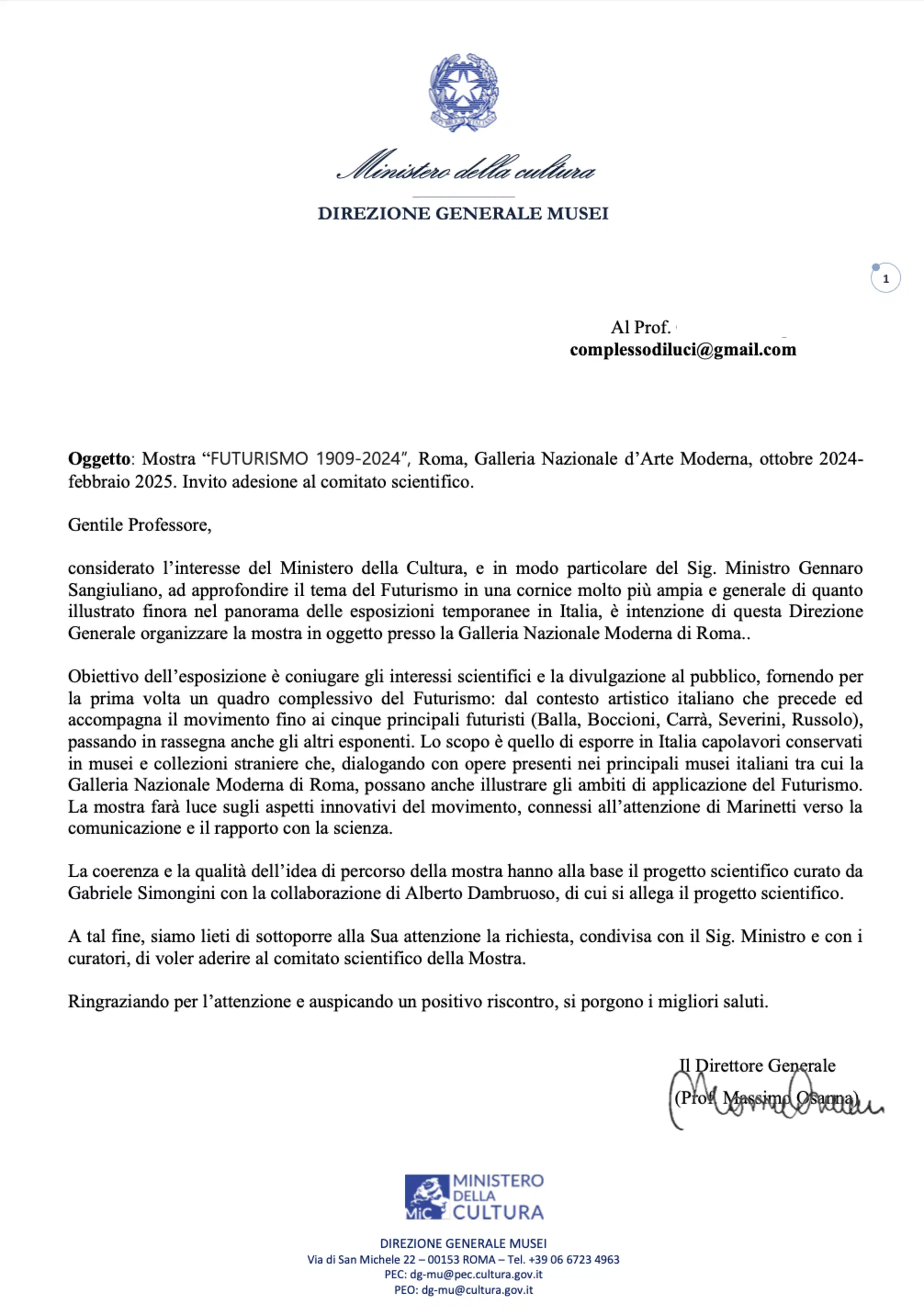 L'invito ad "aderire" al Comitato scientifico della mostra, e-mail del 26 ottobre 2023