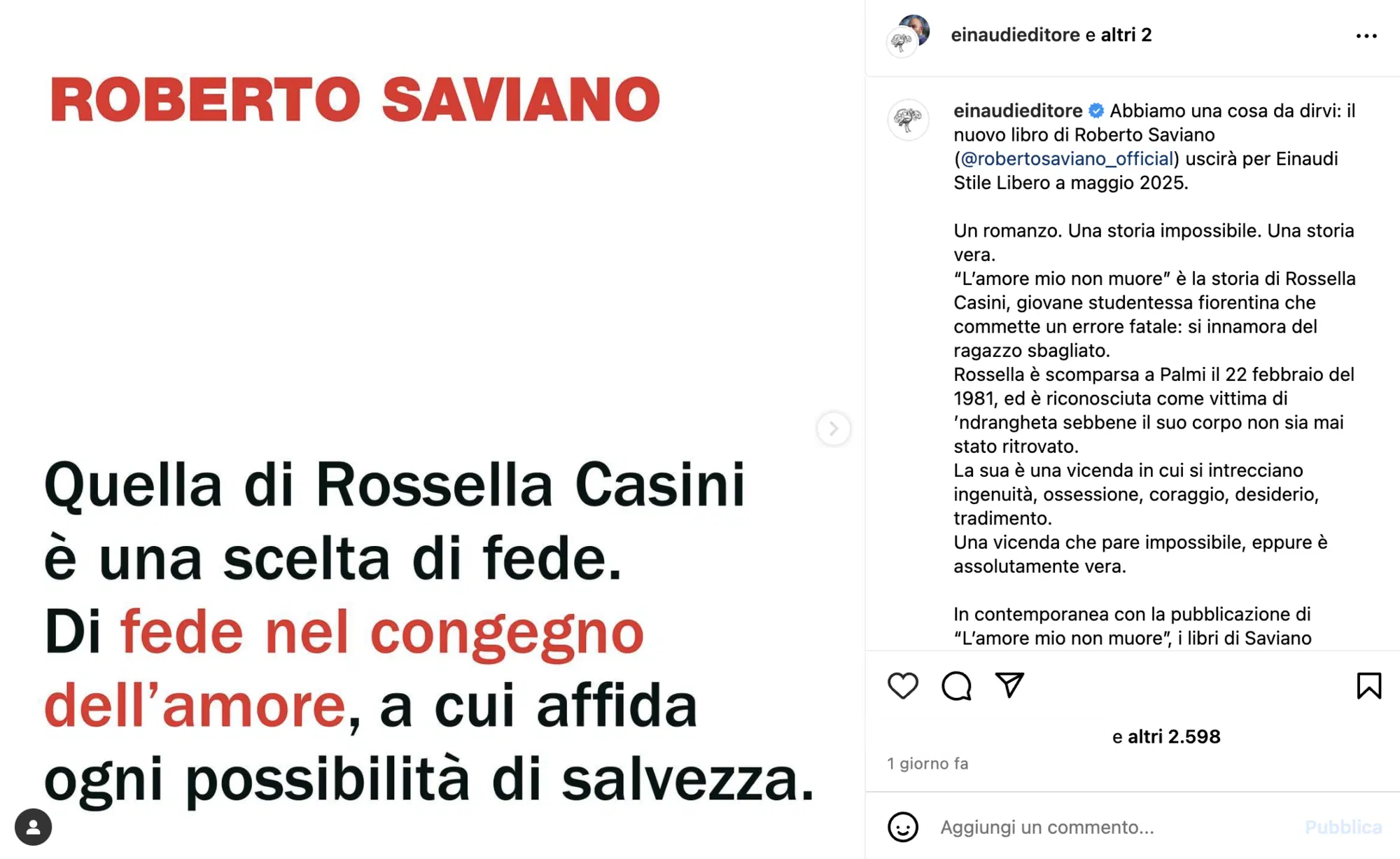 L'annuncio del nuovo libro di Roberto Saviano