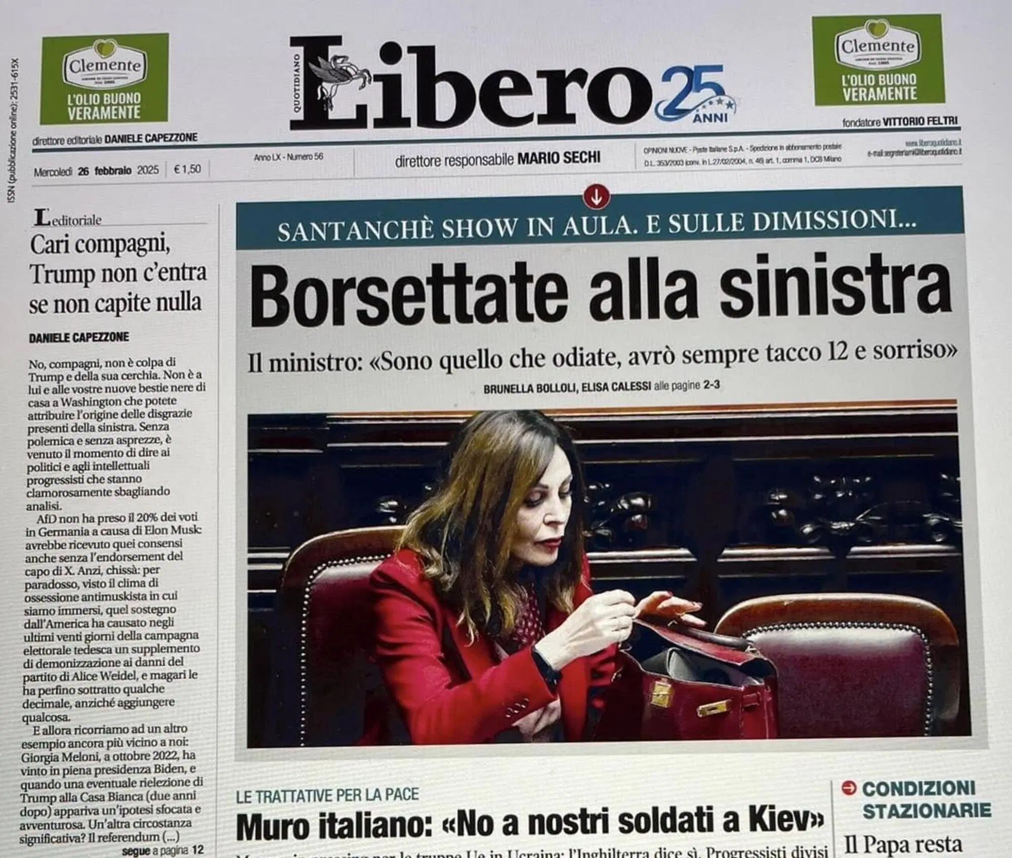 "Borsettate alla sinistra": uno dei titoli che sarebbero stati discussi tra i due direttori di Libero