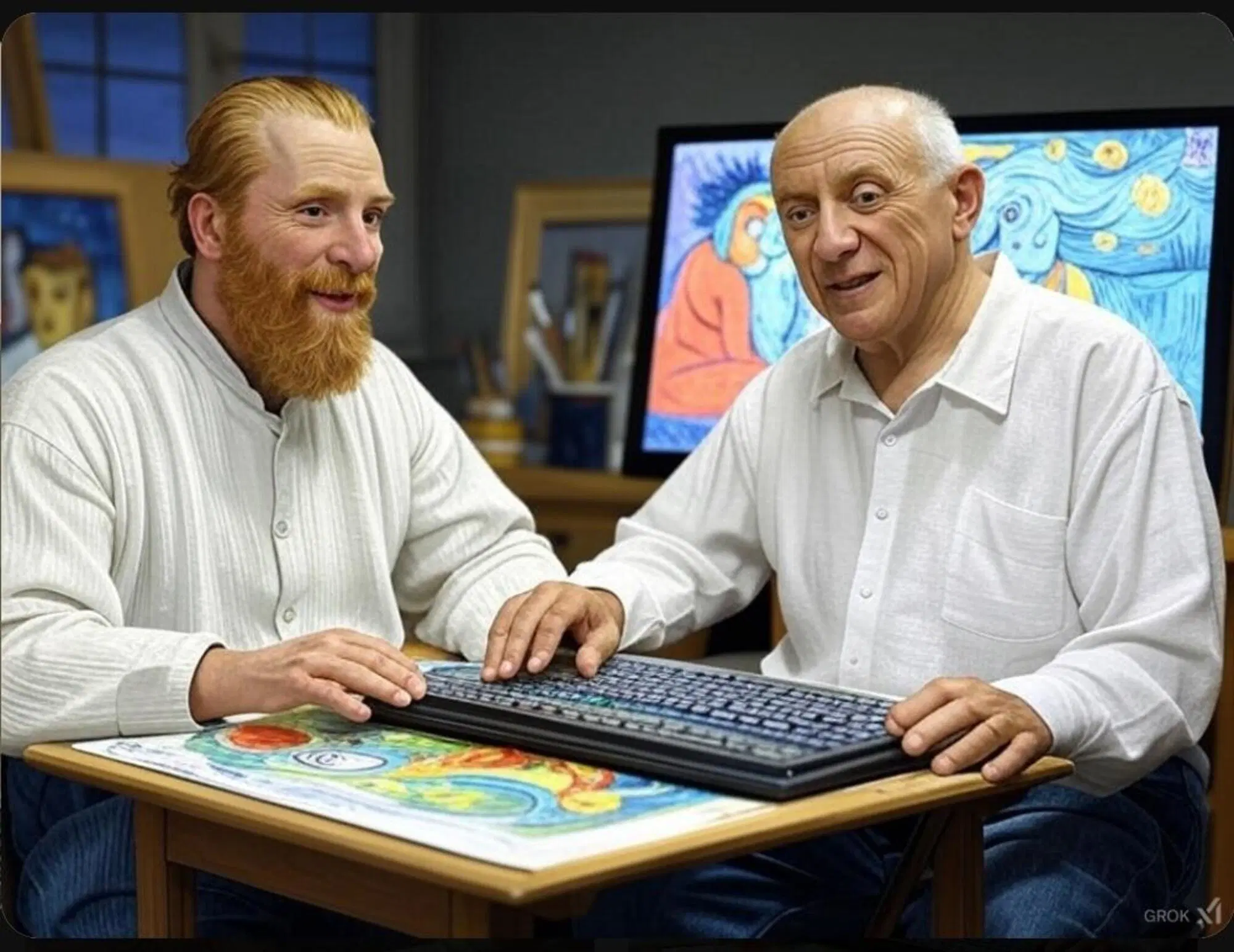 Crea un'immagine con Van Gogh e Pablo Picasso mentre creano un'opera al computer