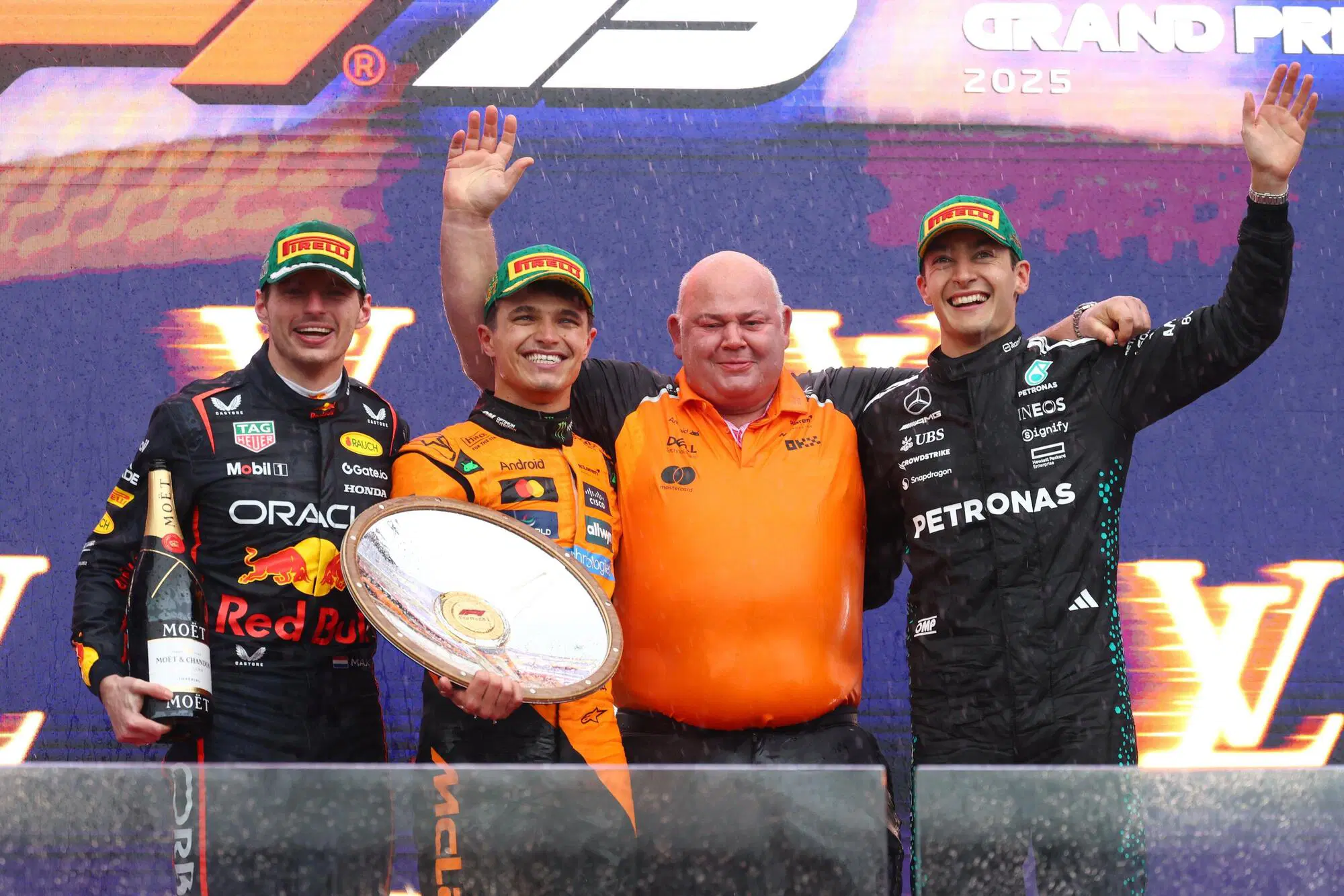 Il podio del Gran Premio d'Australia, con Lando Norris, Max Verstappen e George Russell