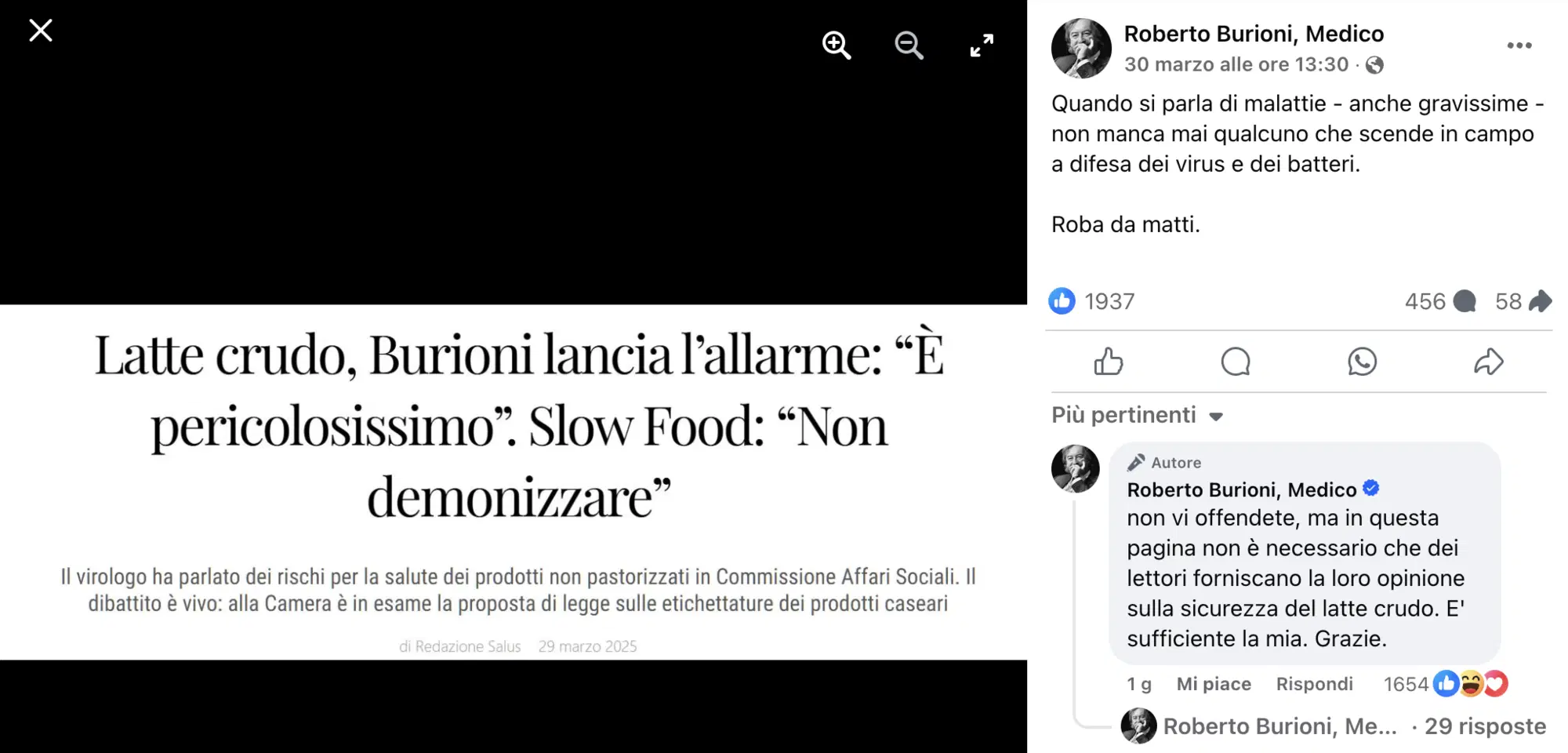 Il post di Roberto Burioni in risposta alle dichiarazioni di Slow Food