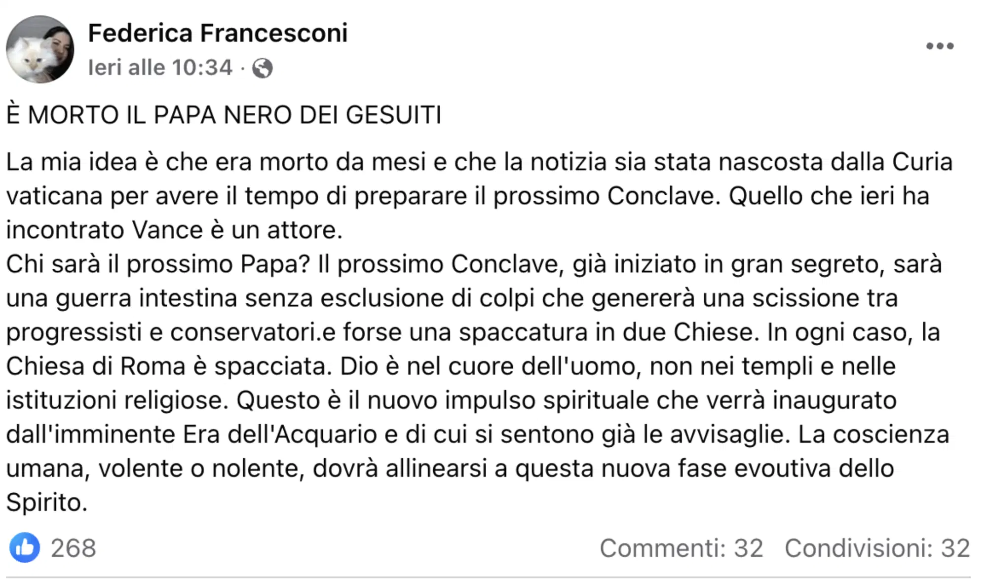 Il post di Federica Francesconi su Facebook