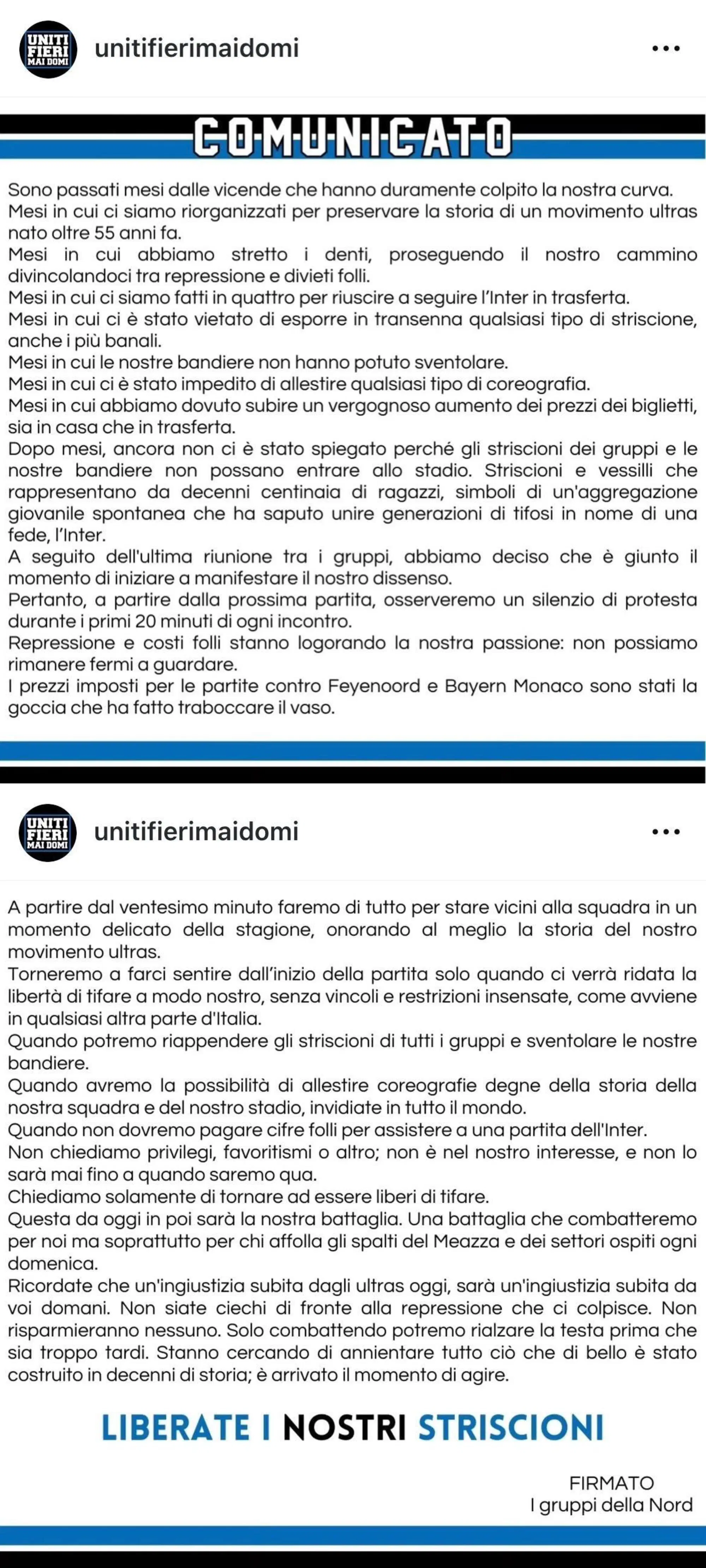 Il comunicato con cui i gruppi della Nord hanno annunciato lo sciopero del tifo nei primi venti minuti di ogni partita