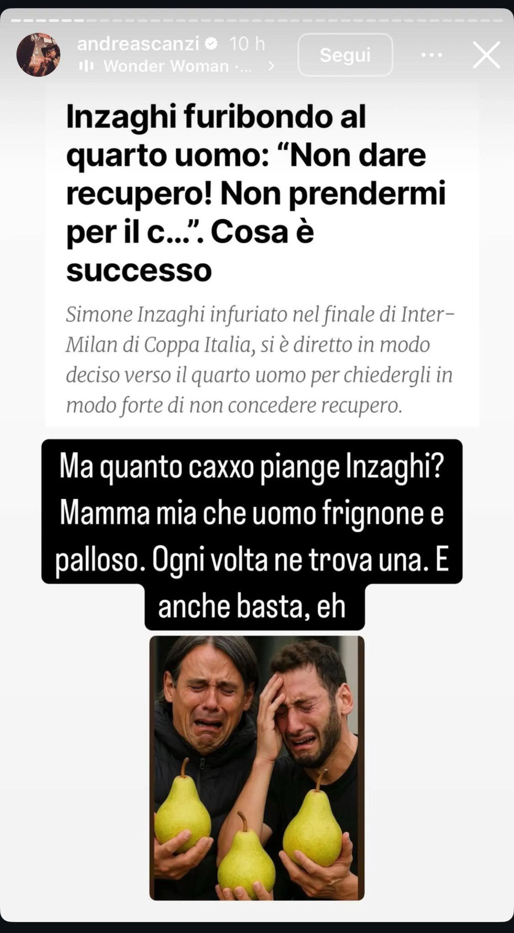 Andrea Scanzi commenta la sconfitta dell'Inter e l'atteggiamento di Simone Inzaghi