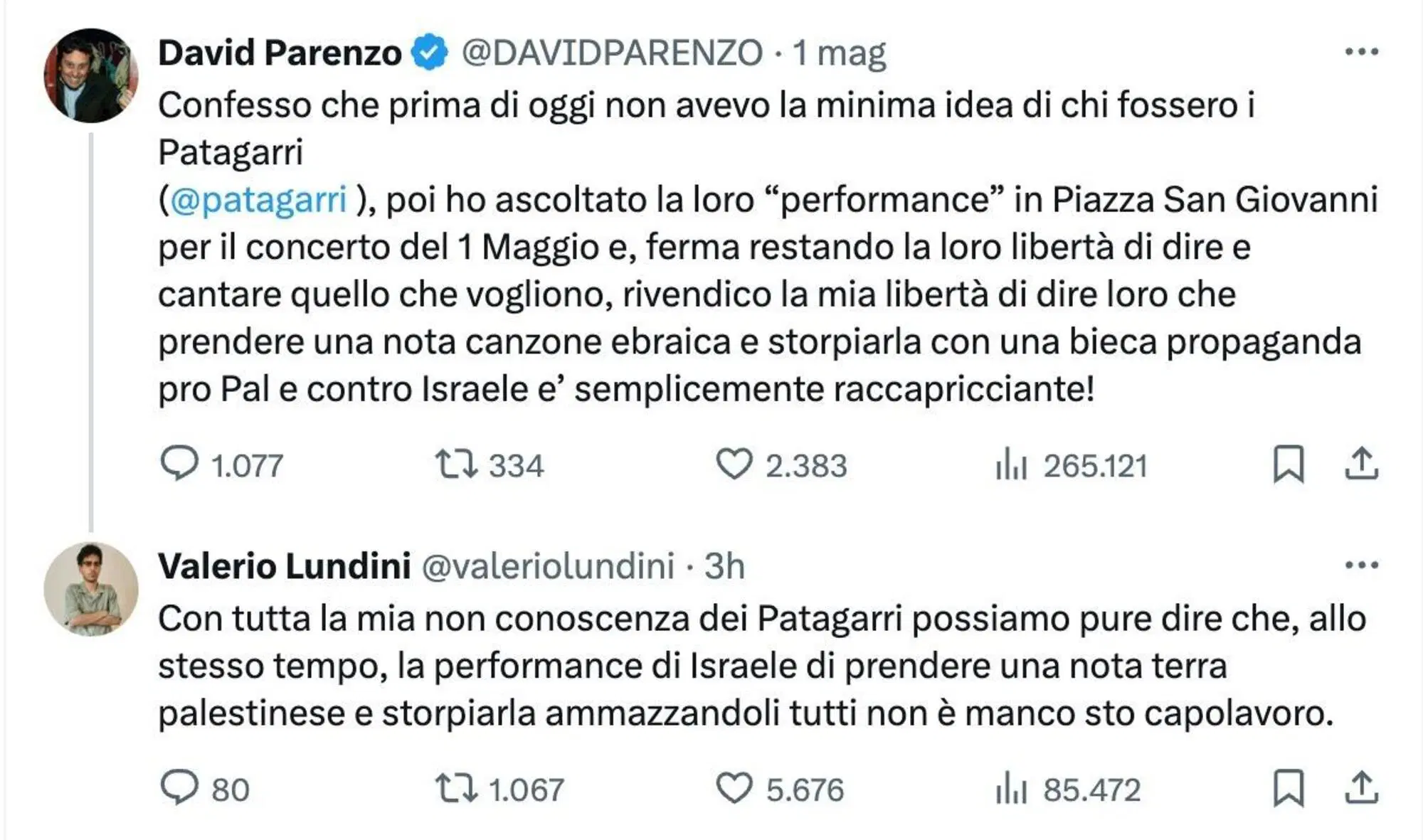 Il confronto su "X" tra David Parenzo e Valerio Lundini