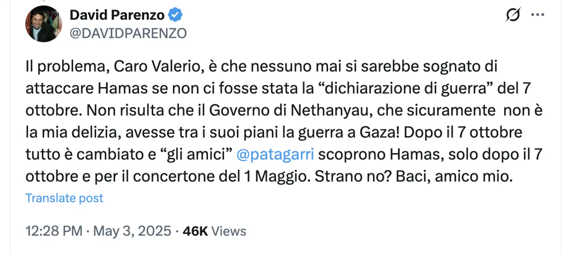 Ancora David Parenzo sul suo profilo "X"