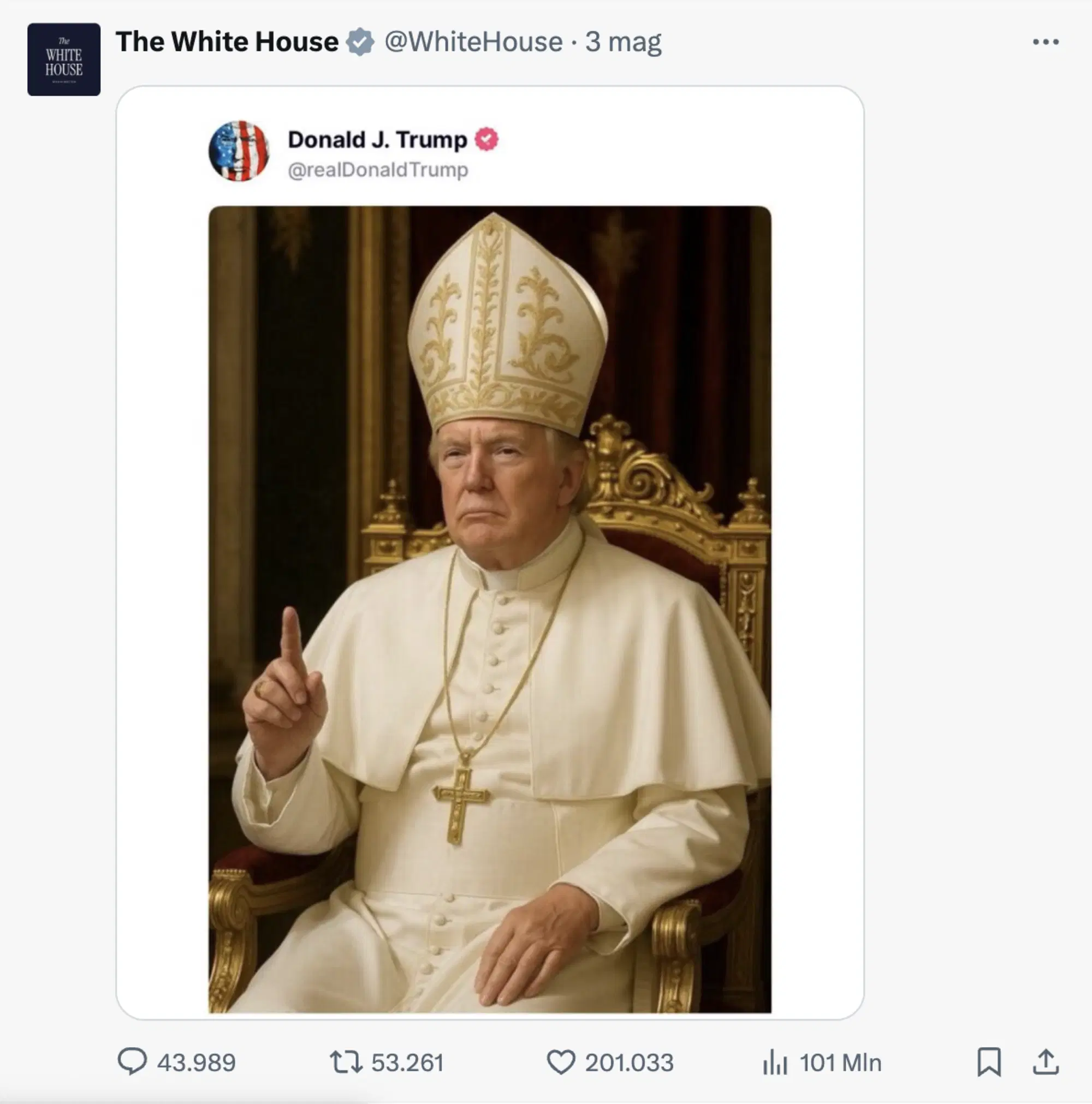 Papa Trump, l'immagine generata con intelligenza artificiale postata dal presidente tycoon e rilanciata dalla pagina ufficiale della Casa Bianca