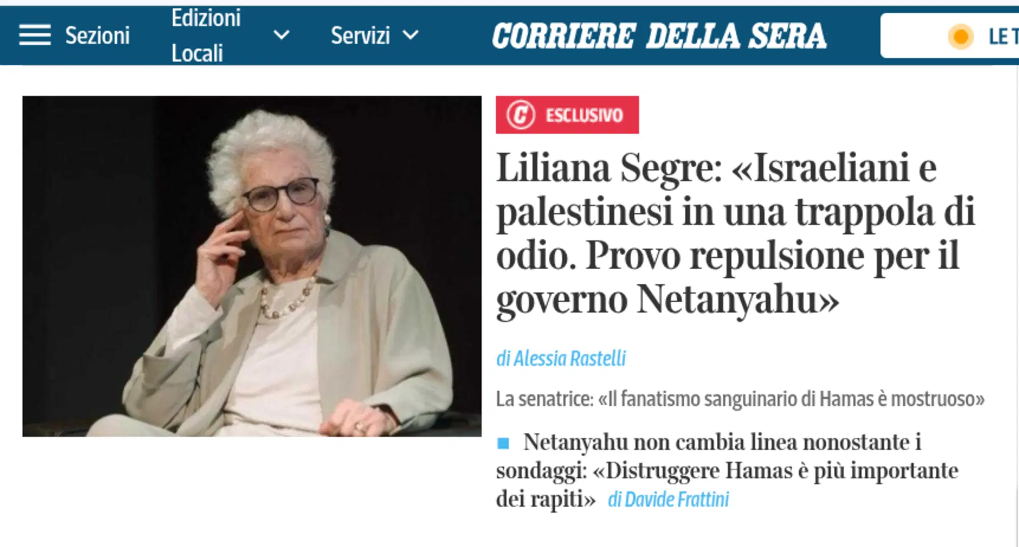 Liliana Segre critica il governo Netanyahu sul Corriere 