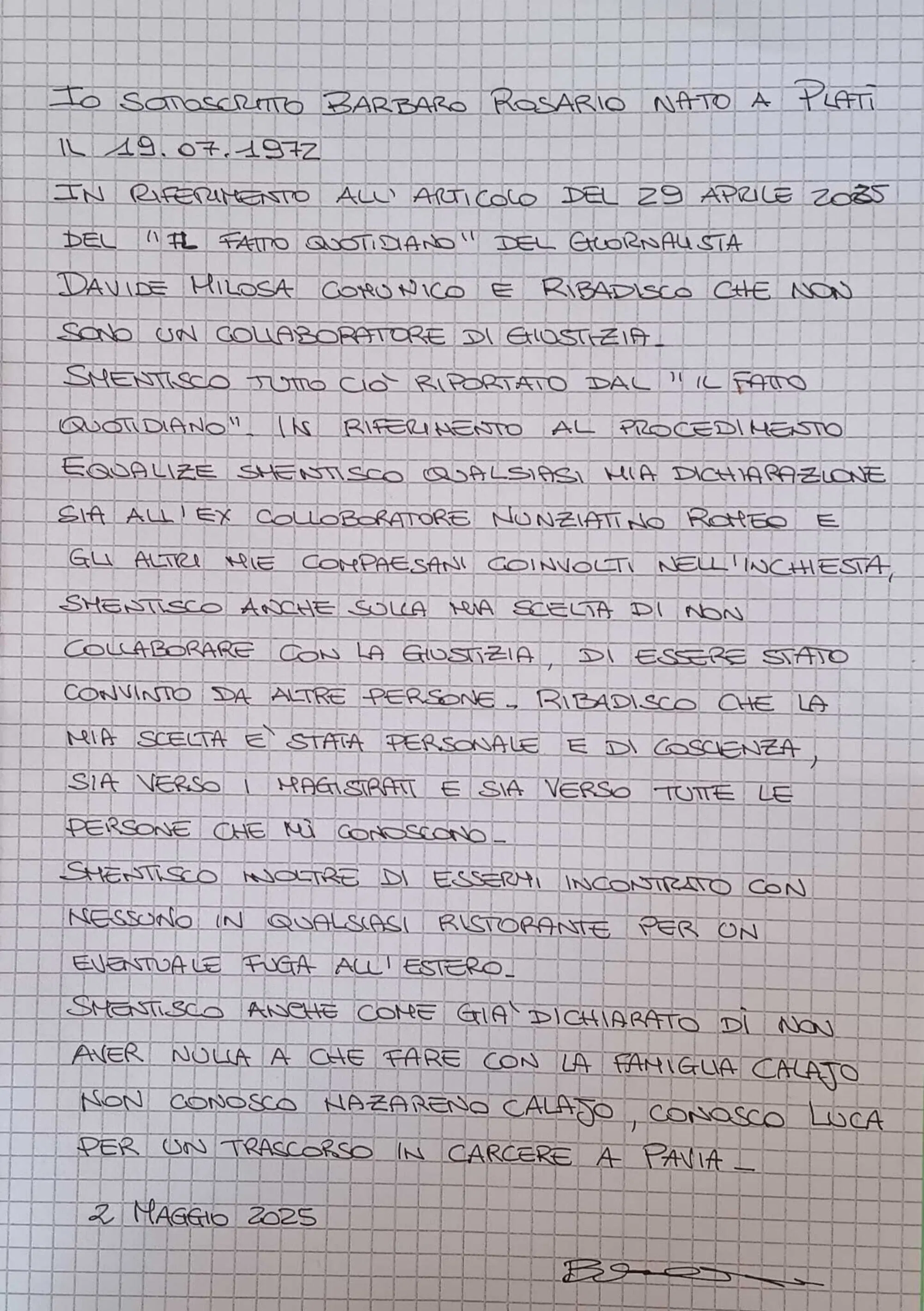 La lettera di Rosario "Rosi" Barbaro 