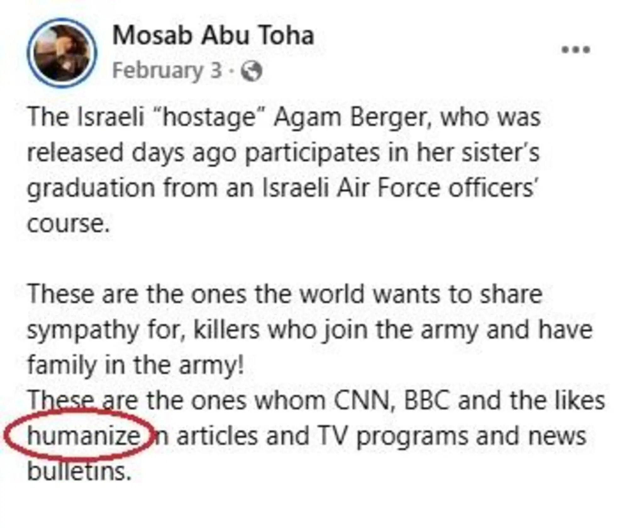 Il post su Agam Berger