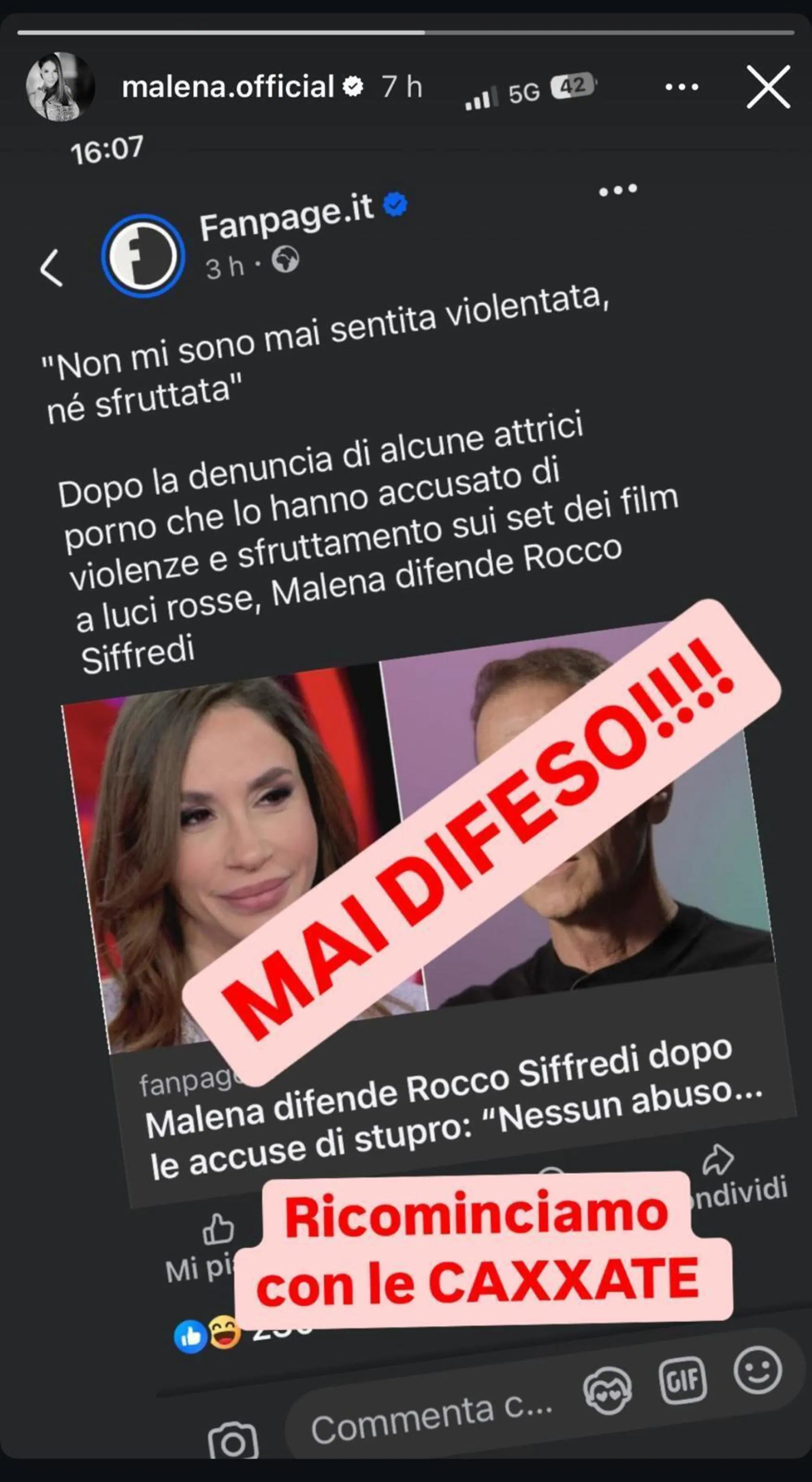 Malena ha smentito di voler difendere Rocco Siffredi