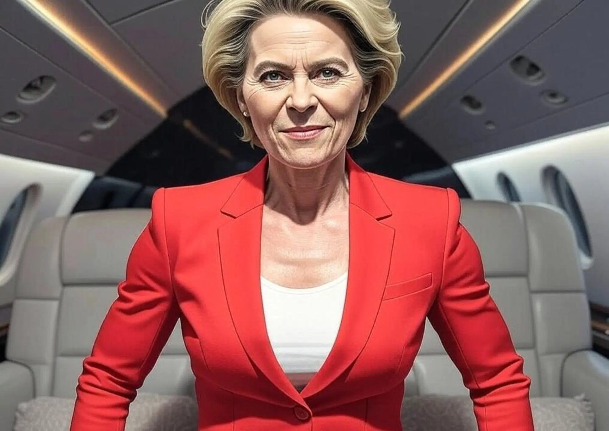 Un'iilustrazione di Ursula von der Leyen in volo