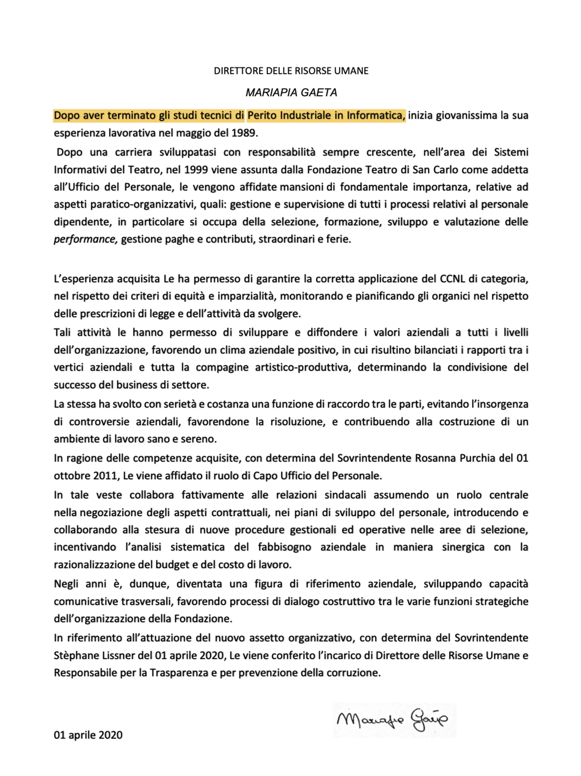 Il curriculum vitae di Mariapia Gaeta pubblicato nella sezione "Amministrazione trasparente" della Fondazione Teatro San Carlo di Napoli