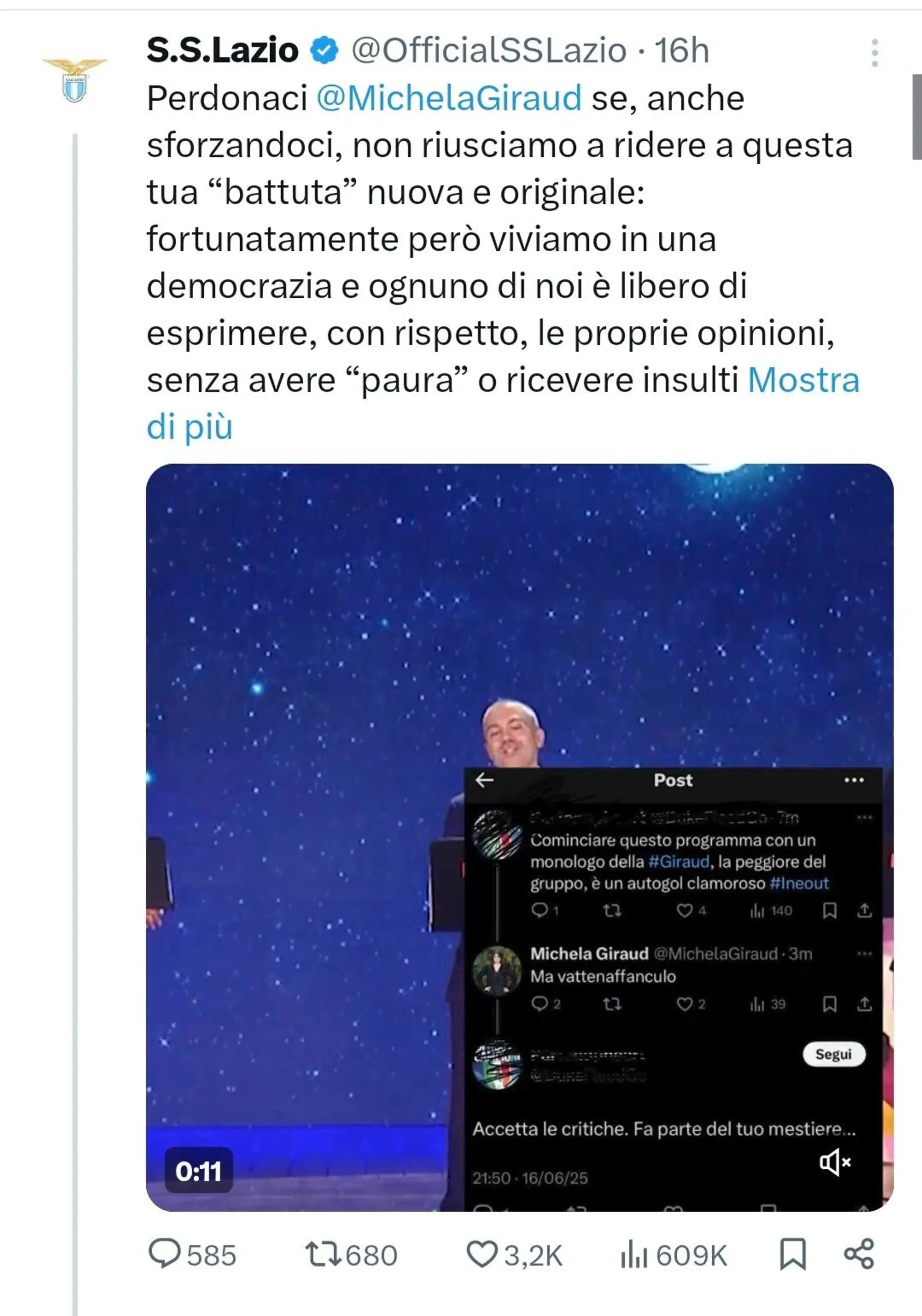 Il post della Lazio su X