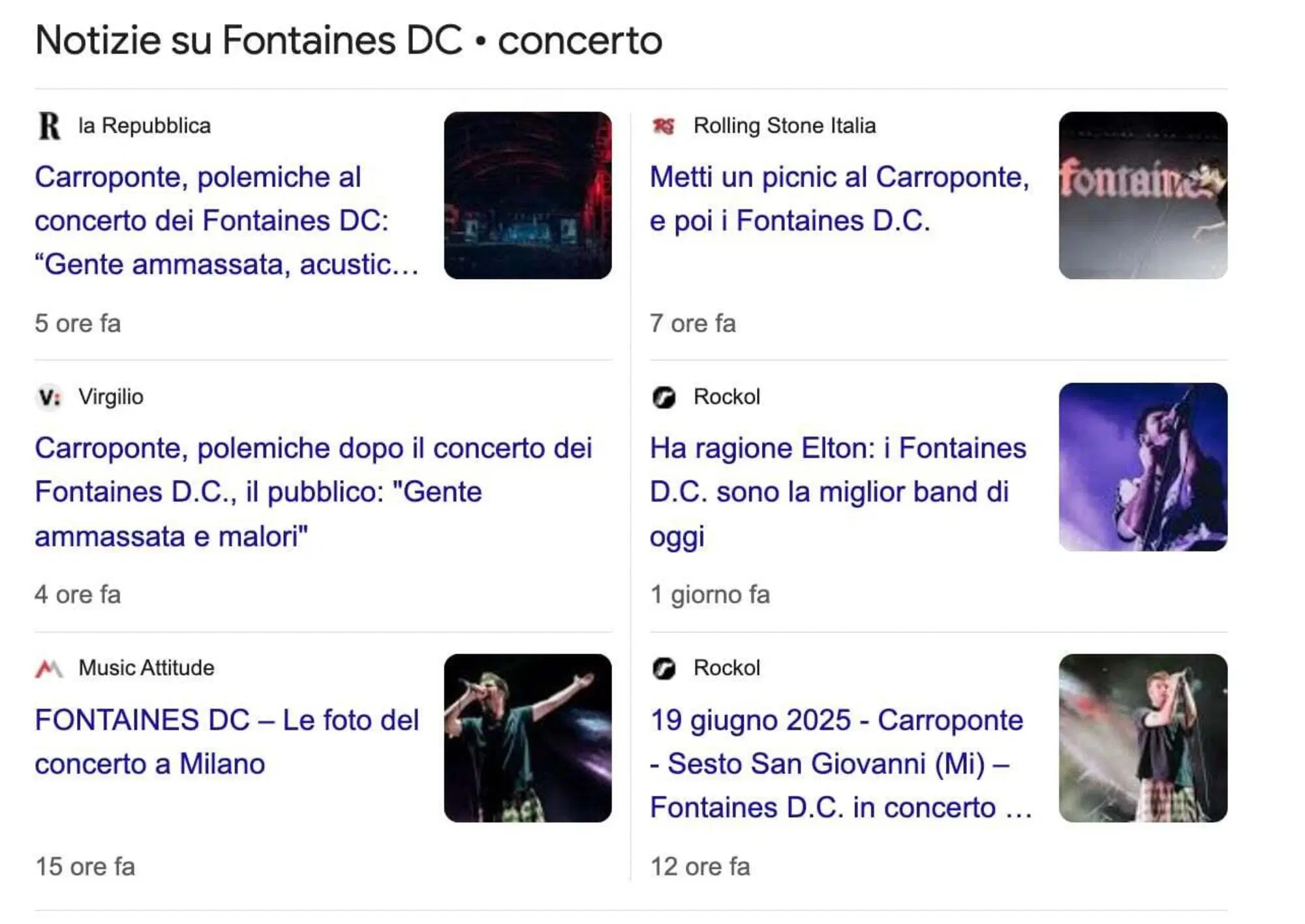 La situazione distopica che si presenta su Google cercando notizie sul concerto dei Fontaines D. C. al Carroponte