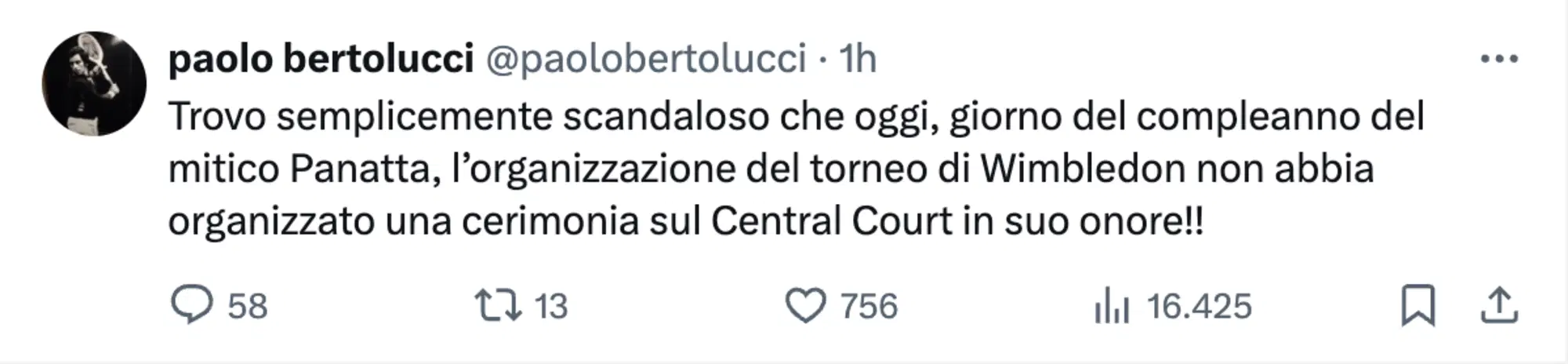 Il tweet di Paolo Bertolucci su Wimbledon