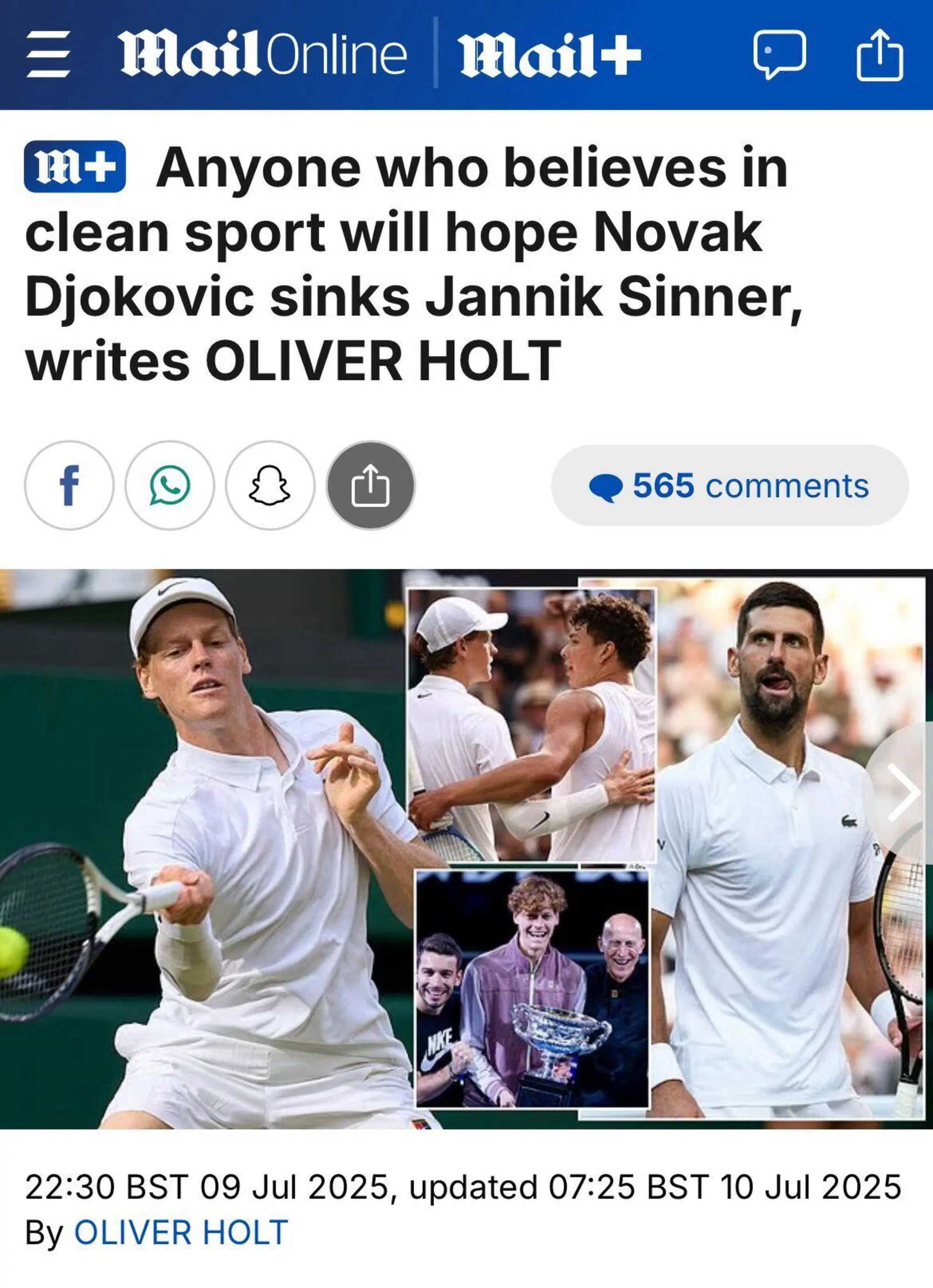 L'articolo del DailyMail contro Jannik Sinner
