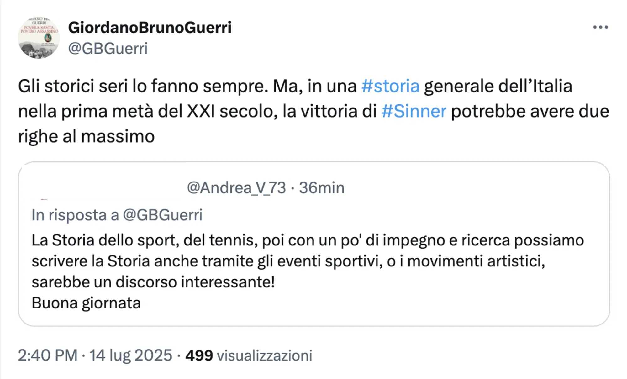 Il secondo tweet di Giordano Bruno Guerri