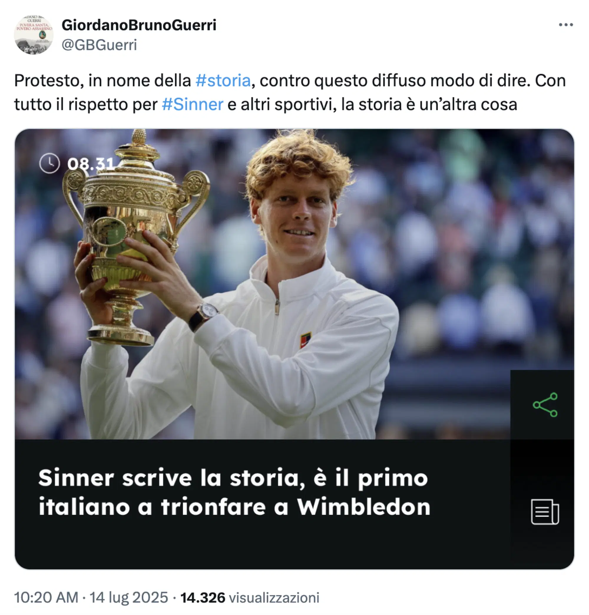 Il tweet di Giordano Bruno Guerri