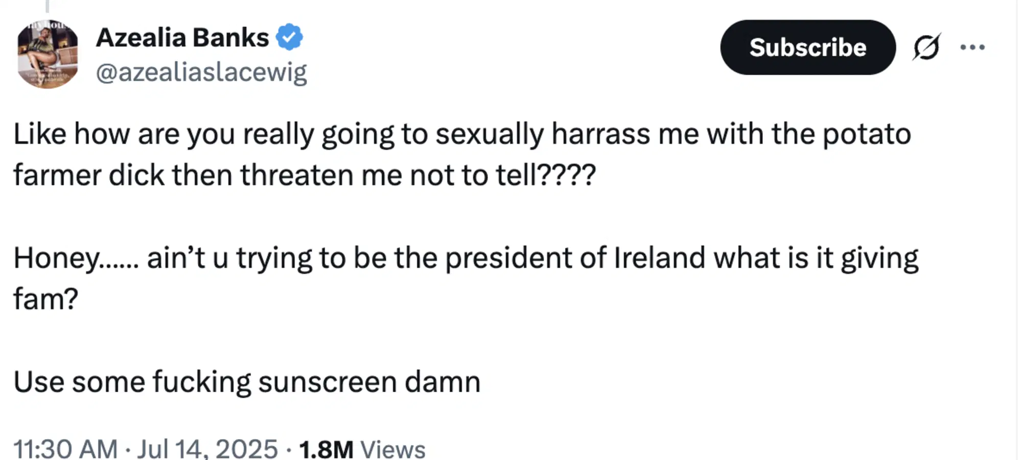 Il post su X di Azealia Banks