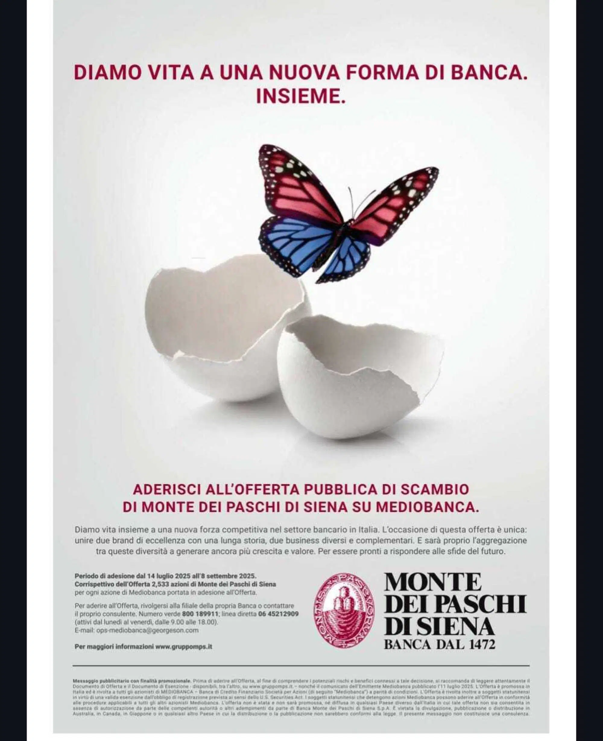 La pubblicit&agrave; di Mps su Mediobanca