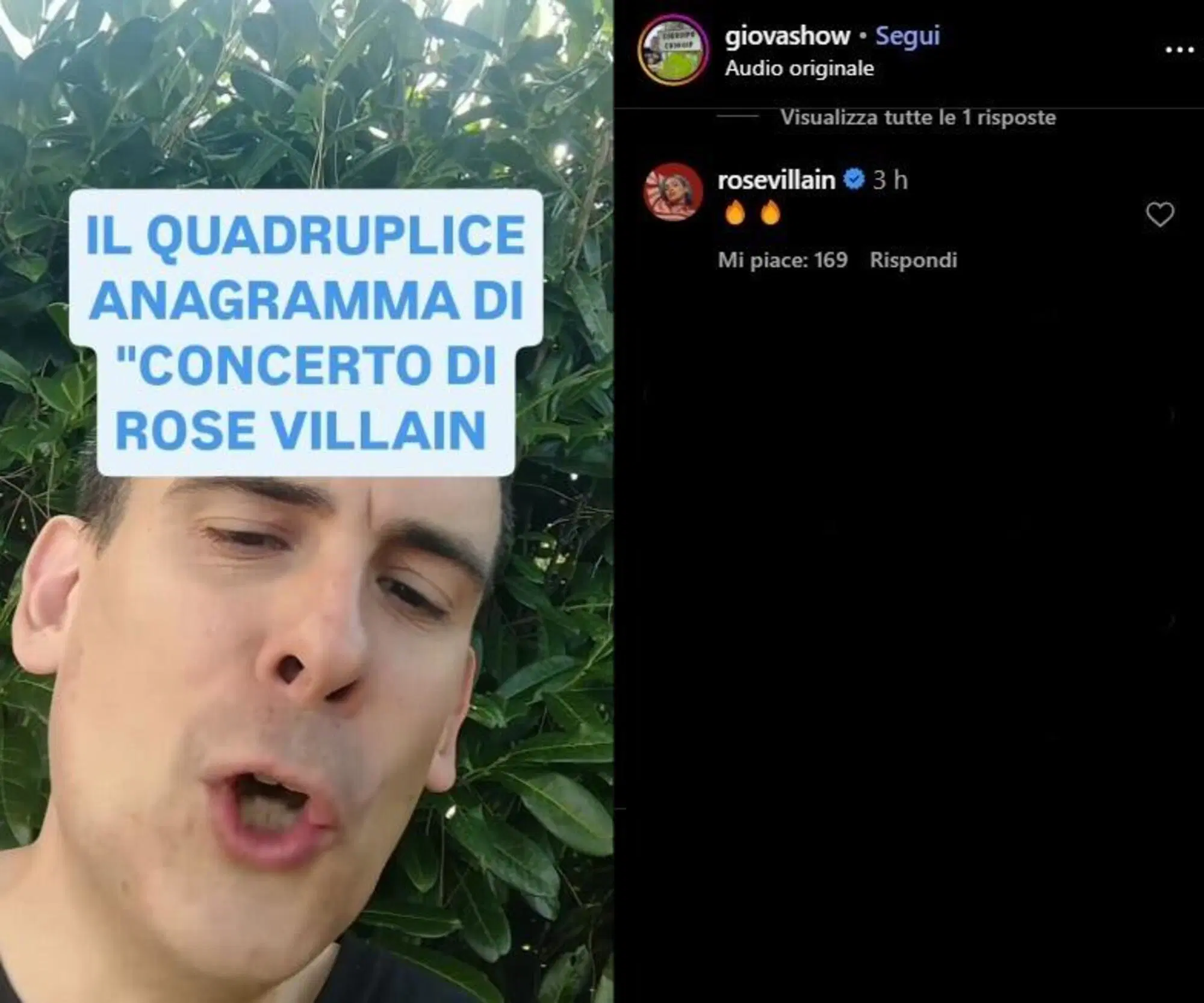 Il commento di Rose Villain al reel di Giovashow