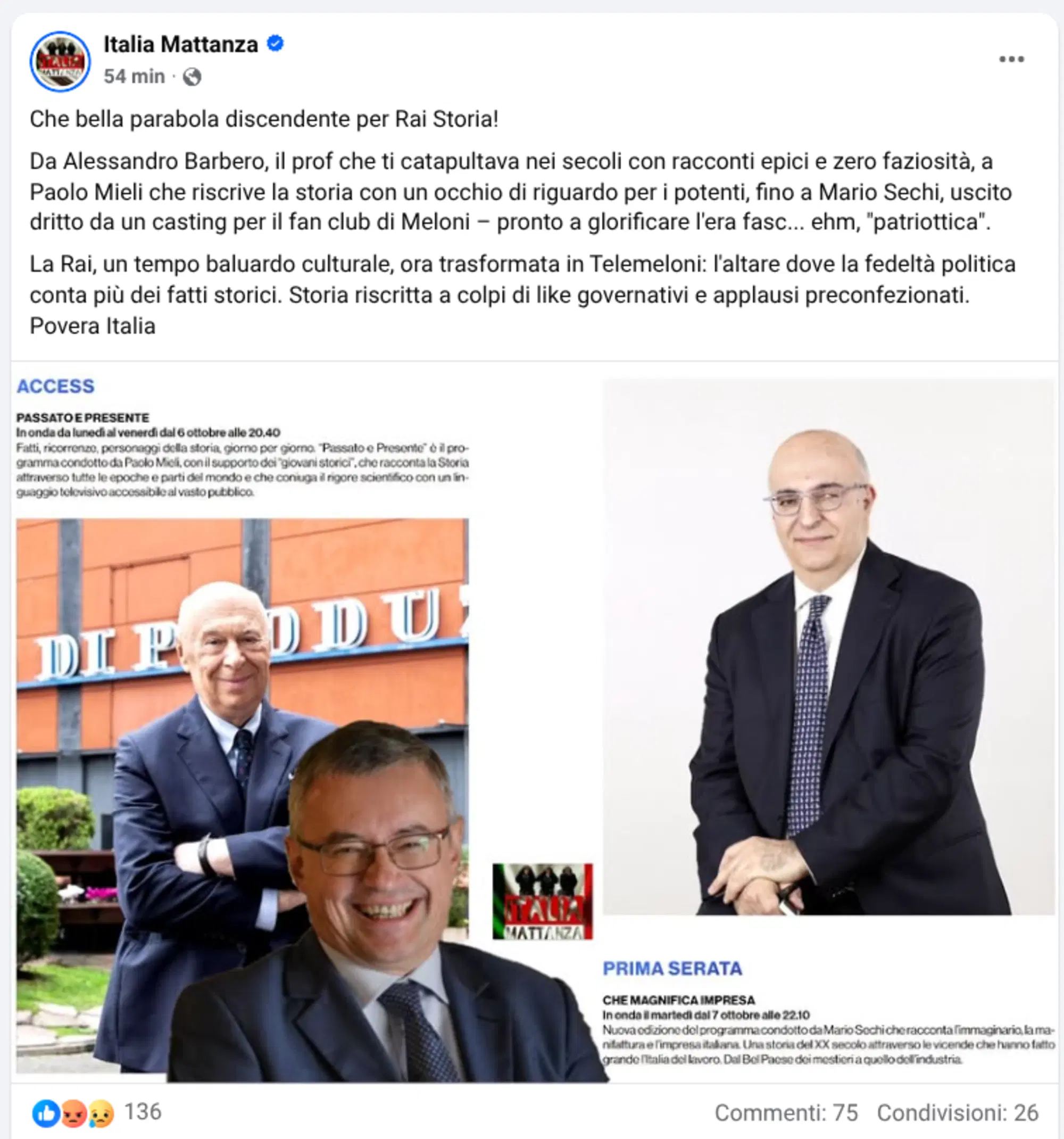 Italia Mattaza commenta su Fecebook il trend "Mario Sechi sostituisce Alessandro Barbero a Rai Storia"