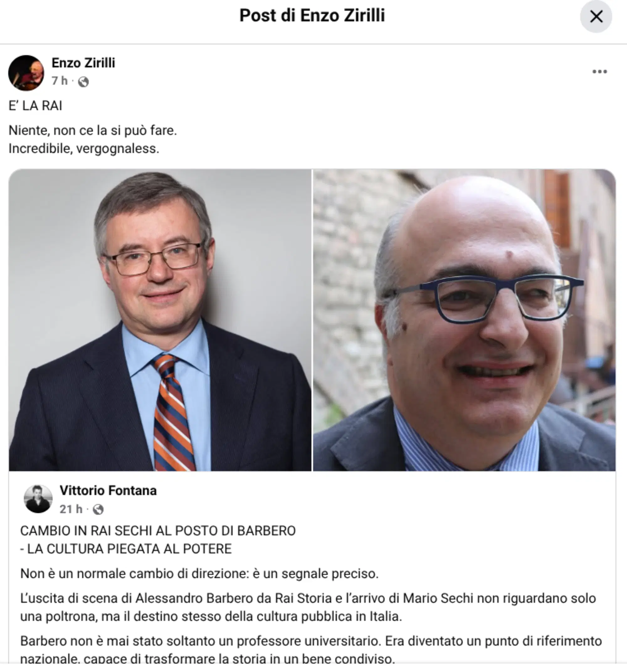 Uno dei post su Facebook che ha riacceso il dibattito su "Mario Sechi sostituisce Alessandro Barbero a Rai Storia"