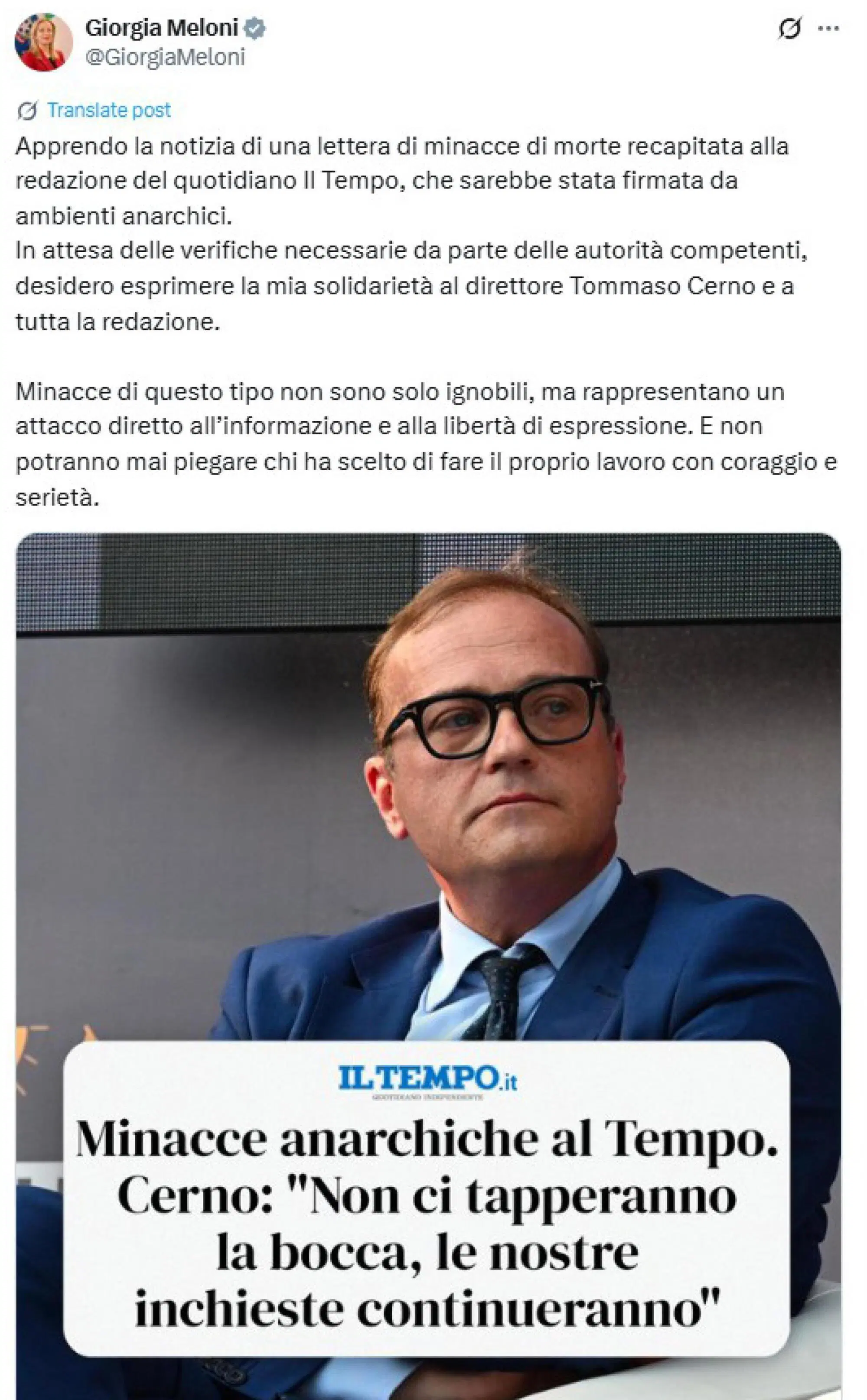 Il post di solidariet&agrave; di Giorgia Meloni