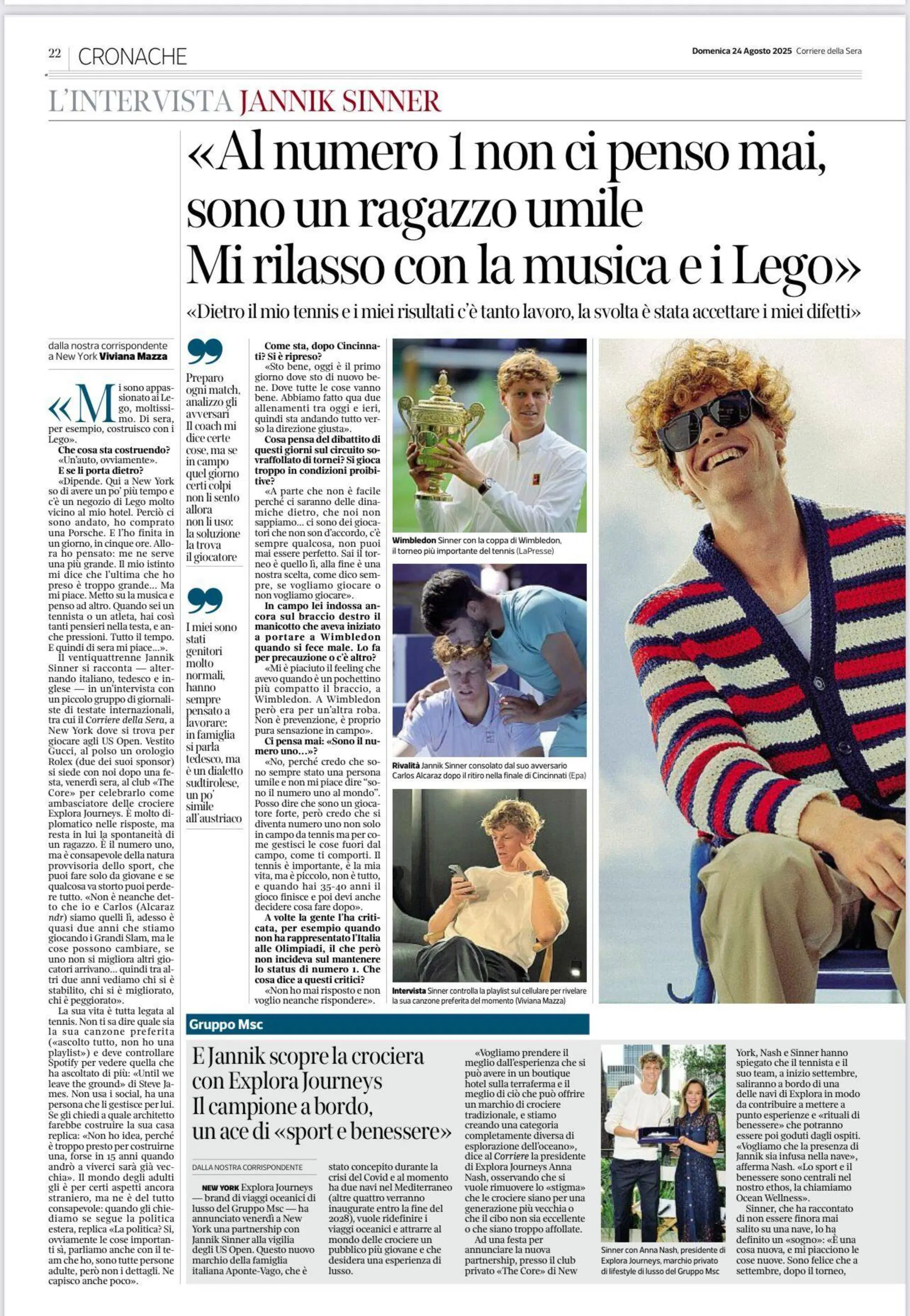 L&rsquo;intervista a Sinner sul Corriere della Sera