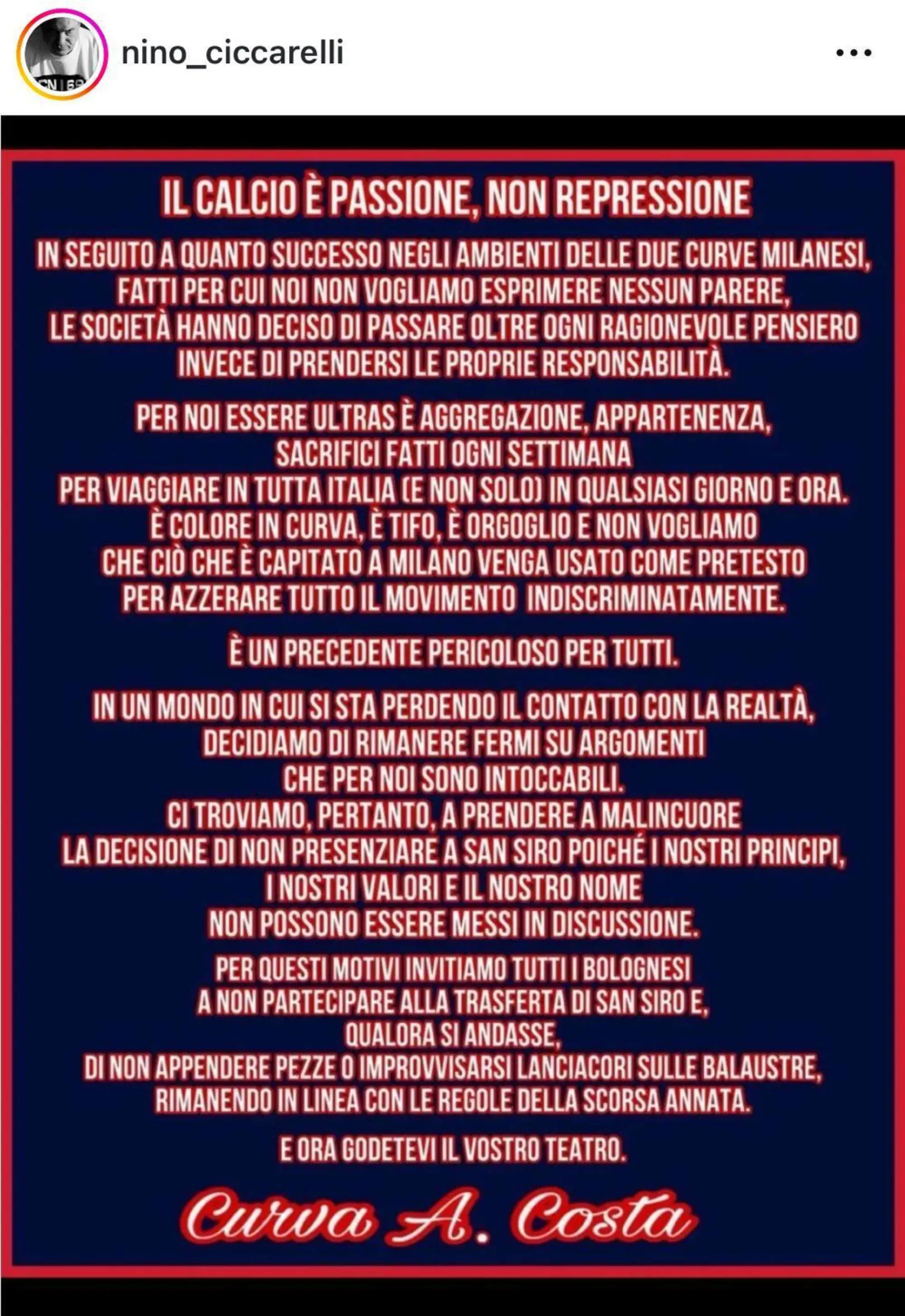 Il comunicato della curva del Bologna condiviso da Nino Ciccarelli