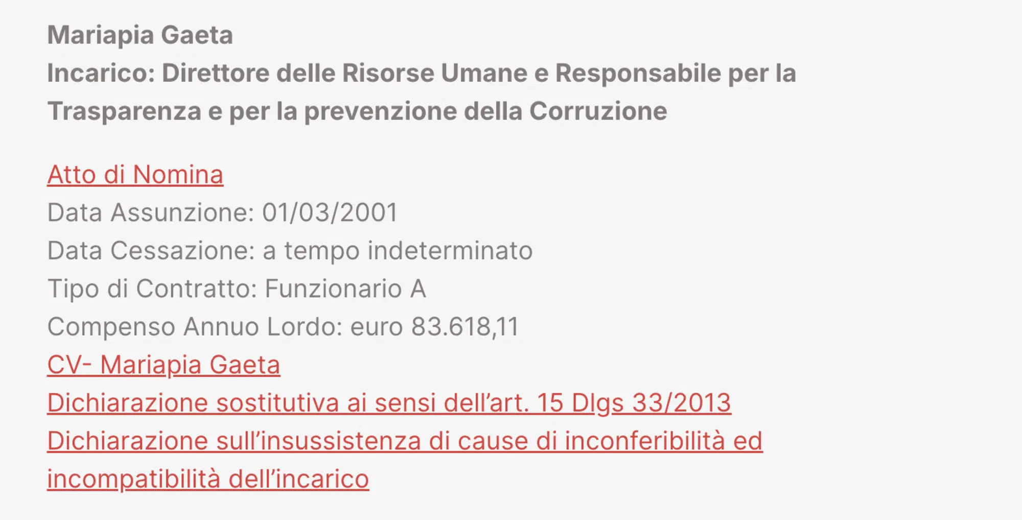 I dati pubblicati su Amminsitrazione trasparente (Sito della Fondazione San Carlo): ottobre 2025