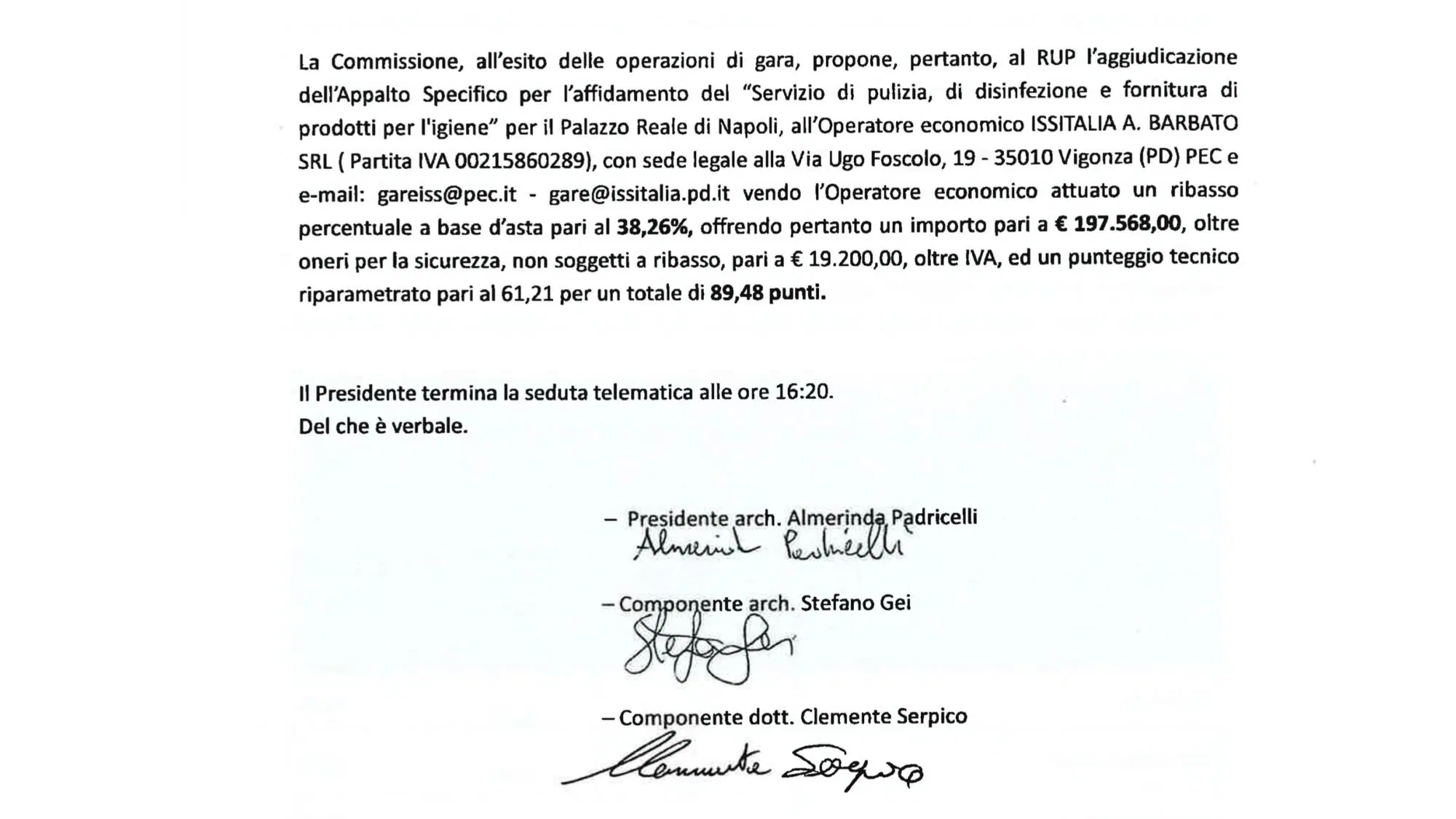 Il contratto a Palazzo Reale del 2023, firmato dalla presidente della commissione Almerinda Padricelli