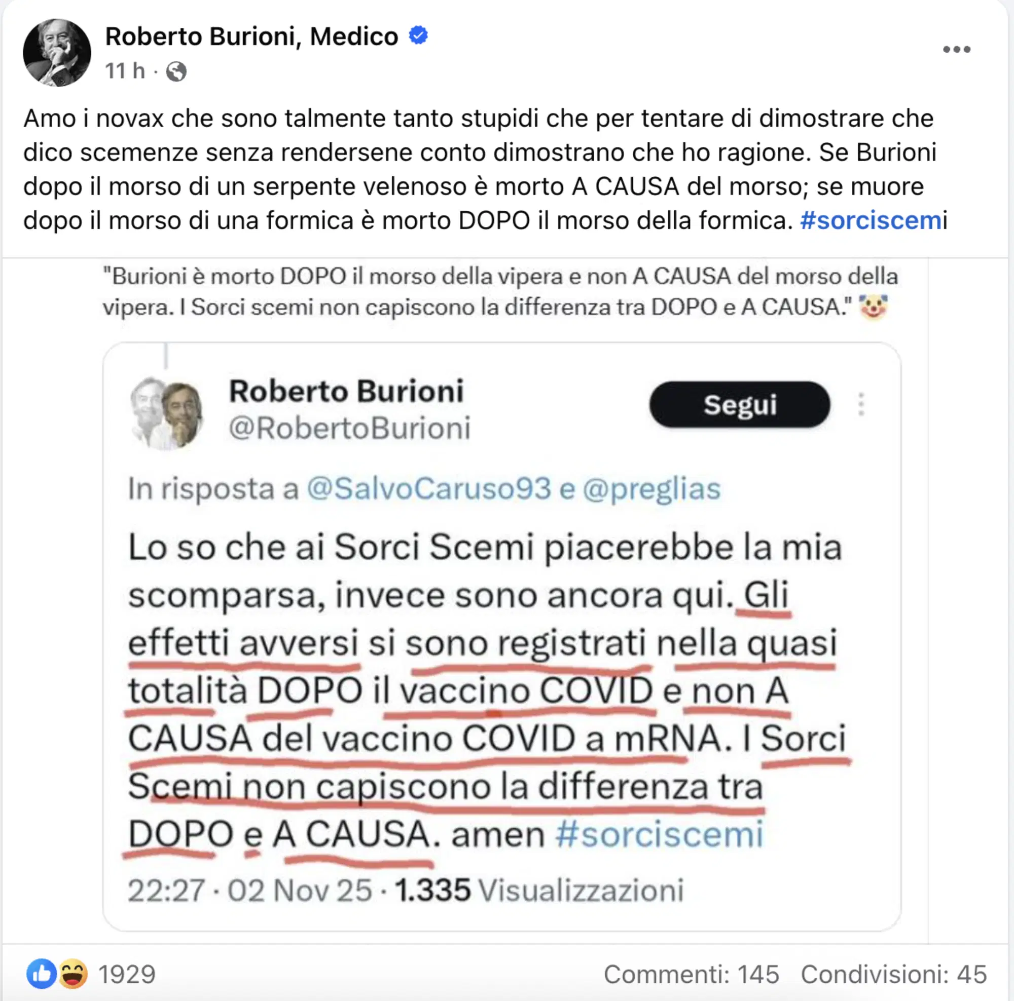 L'ultimo pacatissimo post di Roberto Burioni (5 novembre 2025)
