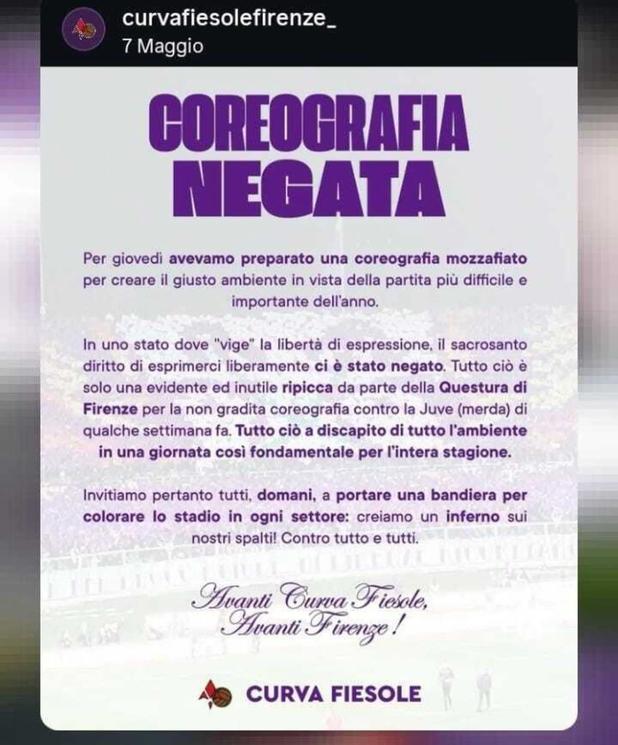 Il precedente comunicato della curva viola, maggio 2025