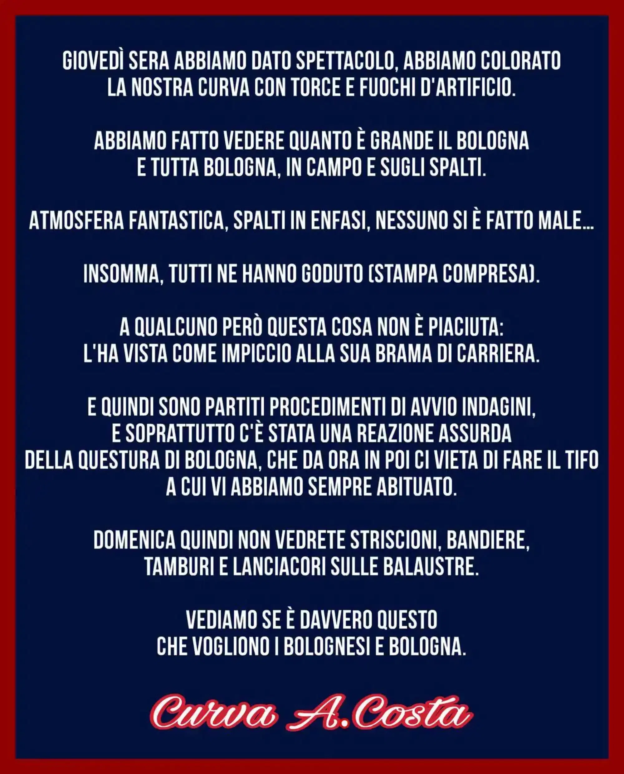 La curva del Bologna e il comunicato dopo l'Europa League