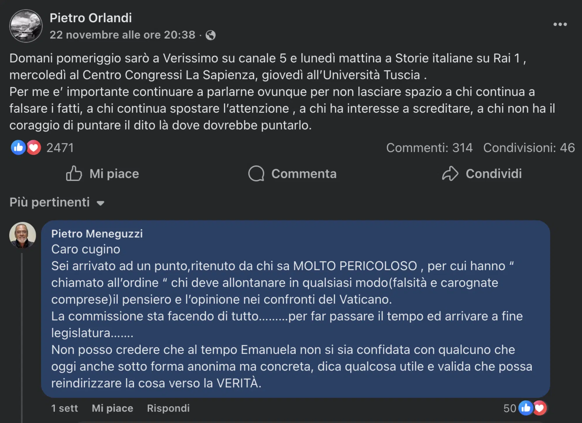 Il commento di Pietro Meneguzzi al post di Pietro Orlandi