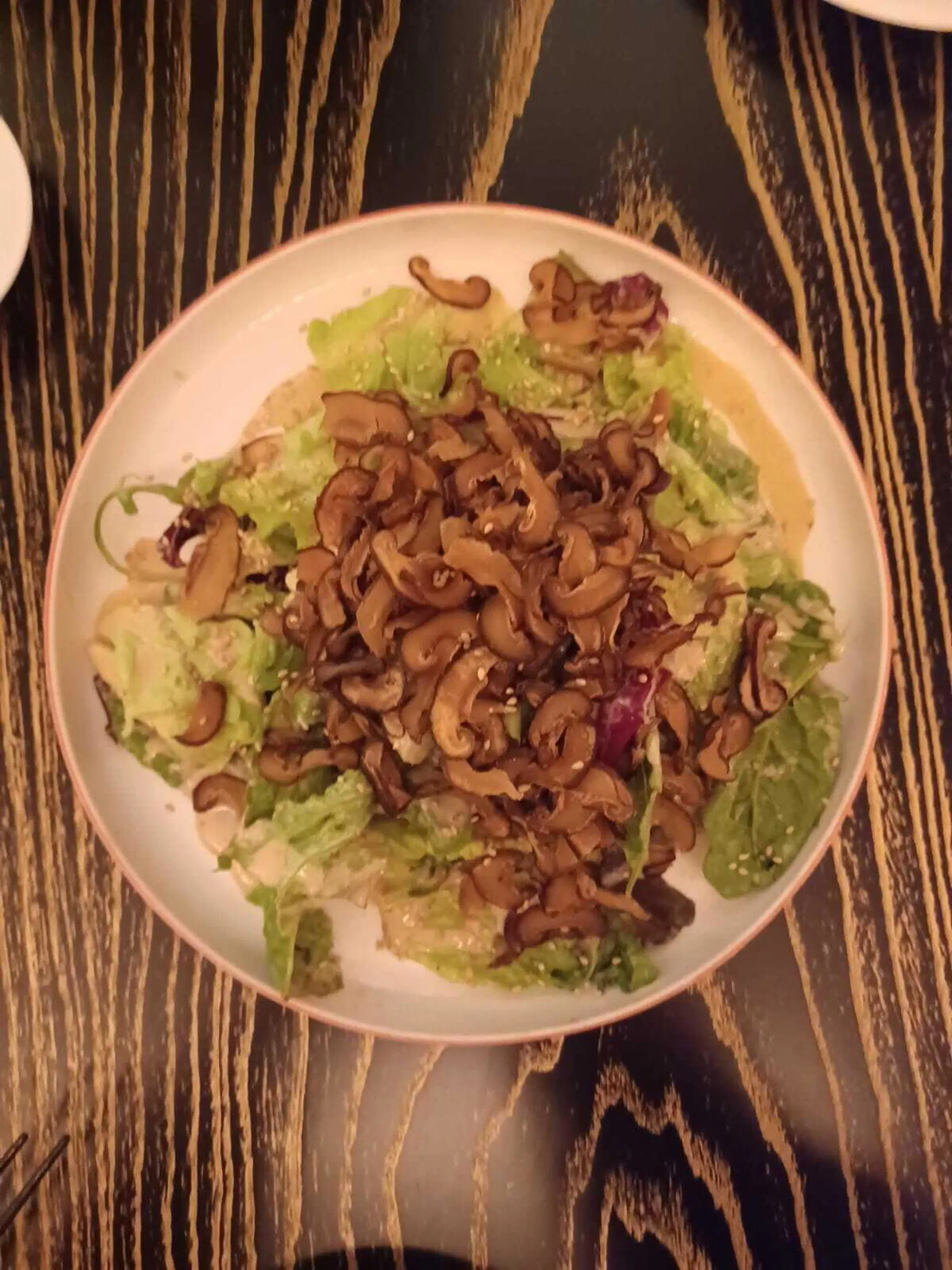 l&rsquo;hach&eacute; di salmone e l&rsquo;insalata verde con funghi fritti e salsa tahina