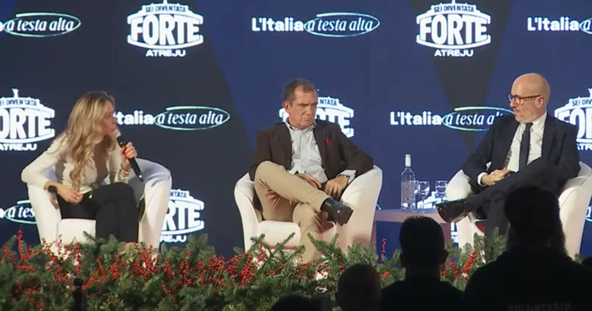 Da destra il magistrato Gioia l'attore Ferrari la spaccante Arianna Meloni Atreju Tv