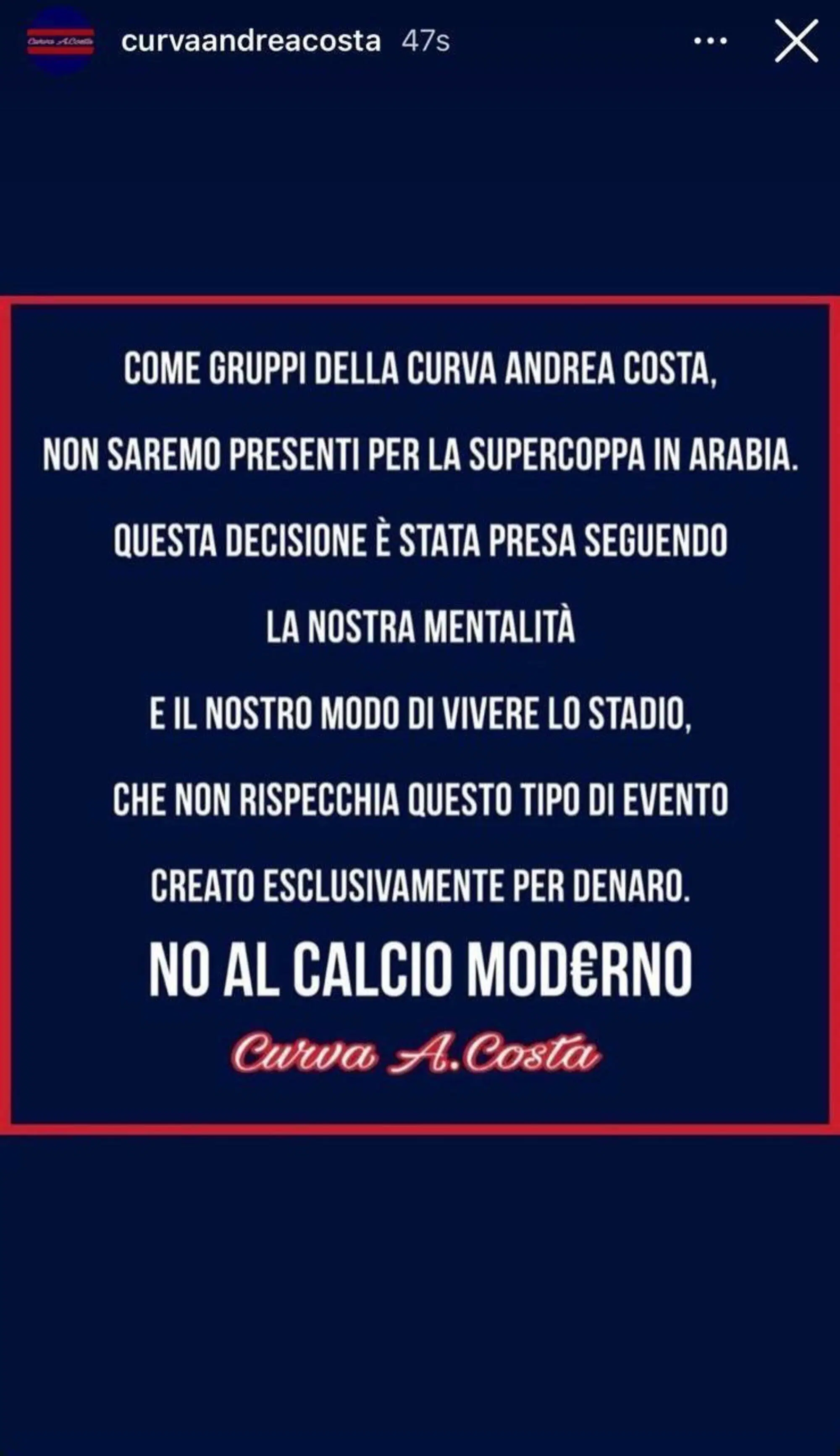 Il comunicato della curva Andrea Costa 