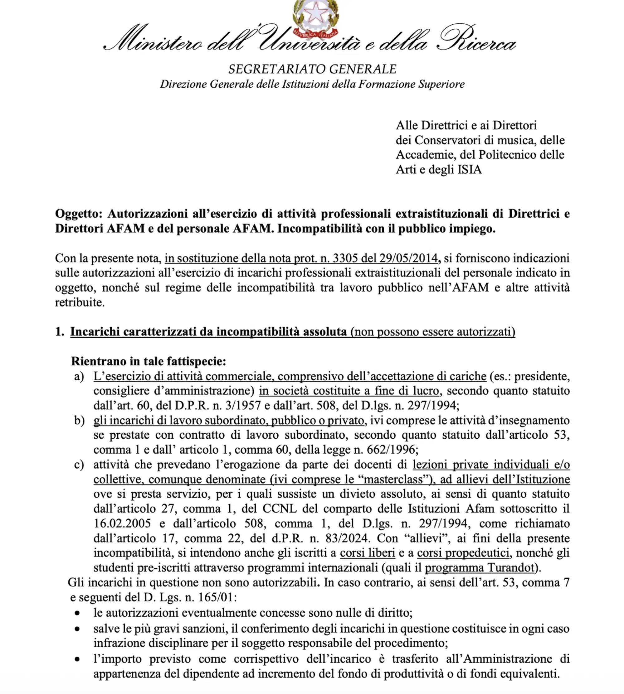 La nota del Ministero dell'Universit&agrave; con cui si vieta ai docenti dei conservatori di fare masterclass a pagamento per i propri studenti