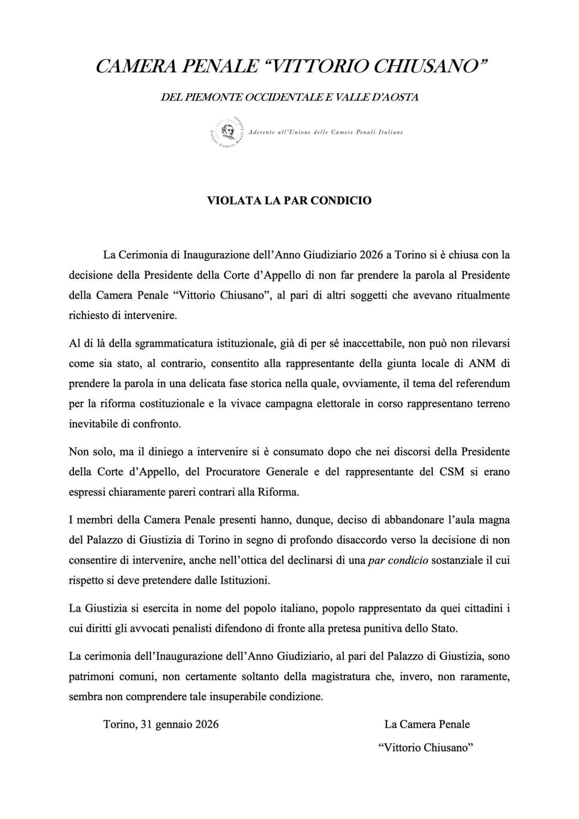 Il comunicato delle Camere Penali di Torino